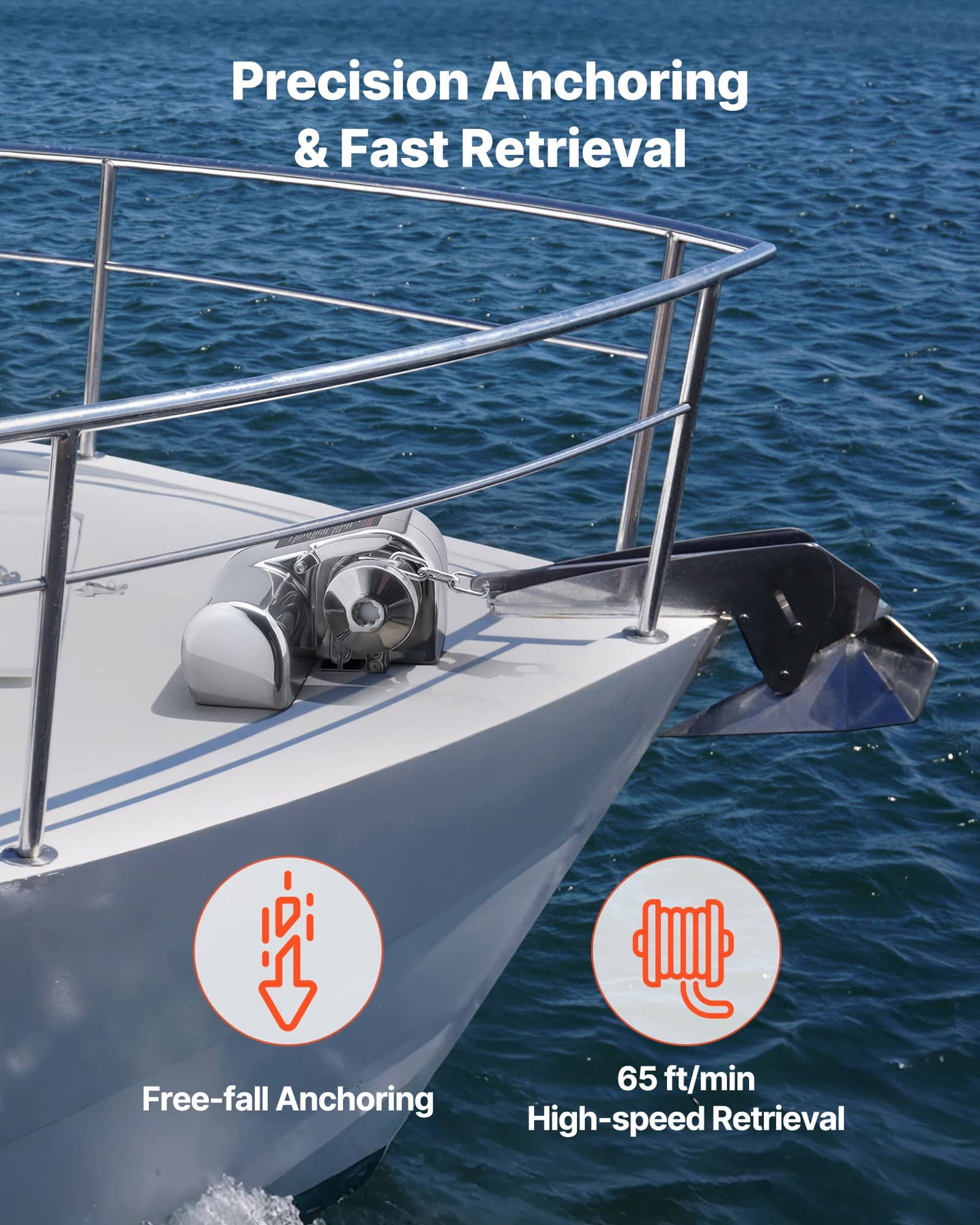 VEVOR 12V 600W Horizontal Boat Anchor Windlass, Max Pull 260kg, for 7–9m Boats, Fits 6.35mm Chain & 14.3/15.9mm Rope, Stainless Steel - Зображення 3