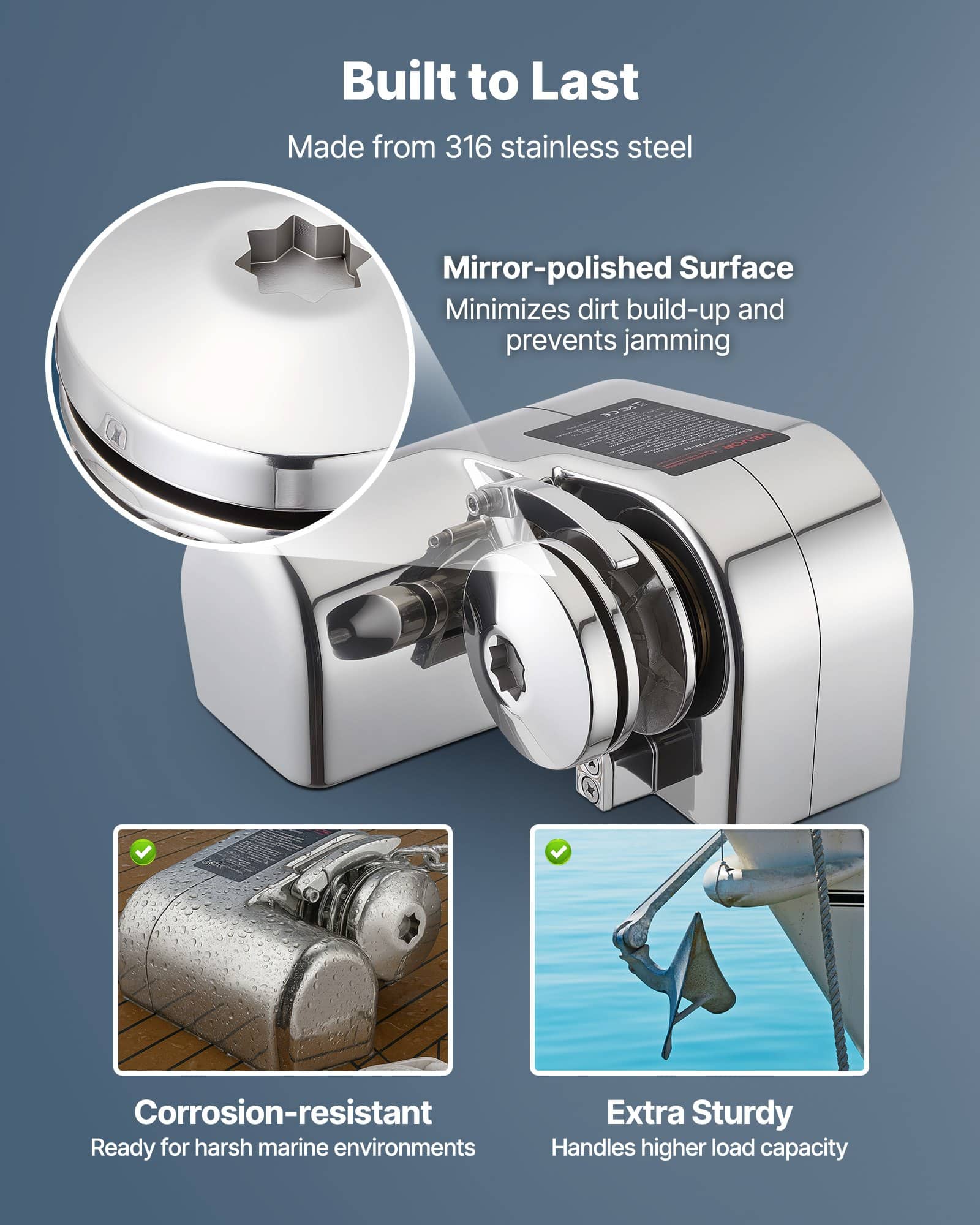 VEVOR 12V 600W Horizontal Boat Anchor Windlass, Max Pull 260kg, for 7–9m Boats, Fits 6.35mm Chain & 14.3/15.9mm Rope, Stainless Steel - Зображення 4