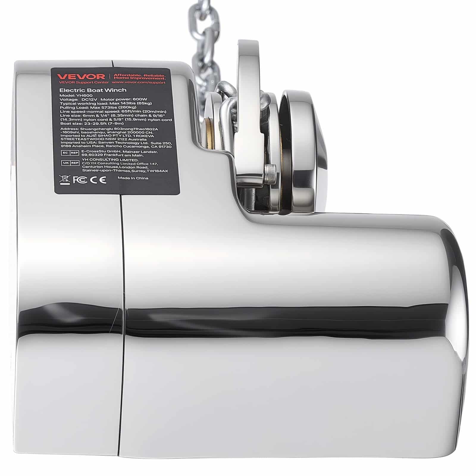 VEVOR 12V 600W Horizontal Boat Anchor Windlass, Max Pull 260kg, for 7–9m Boats, Fits 6.35mm Chain & 14.3/15.9mm Rope, Stainless Steel - Зображення 10