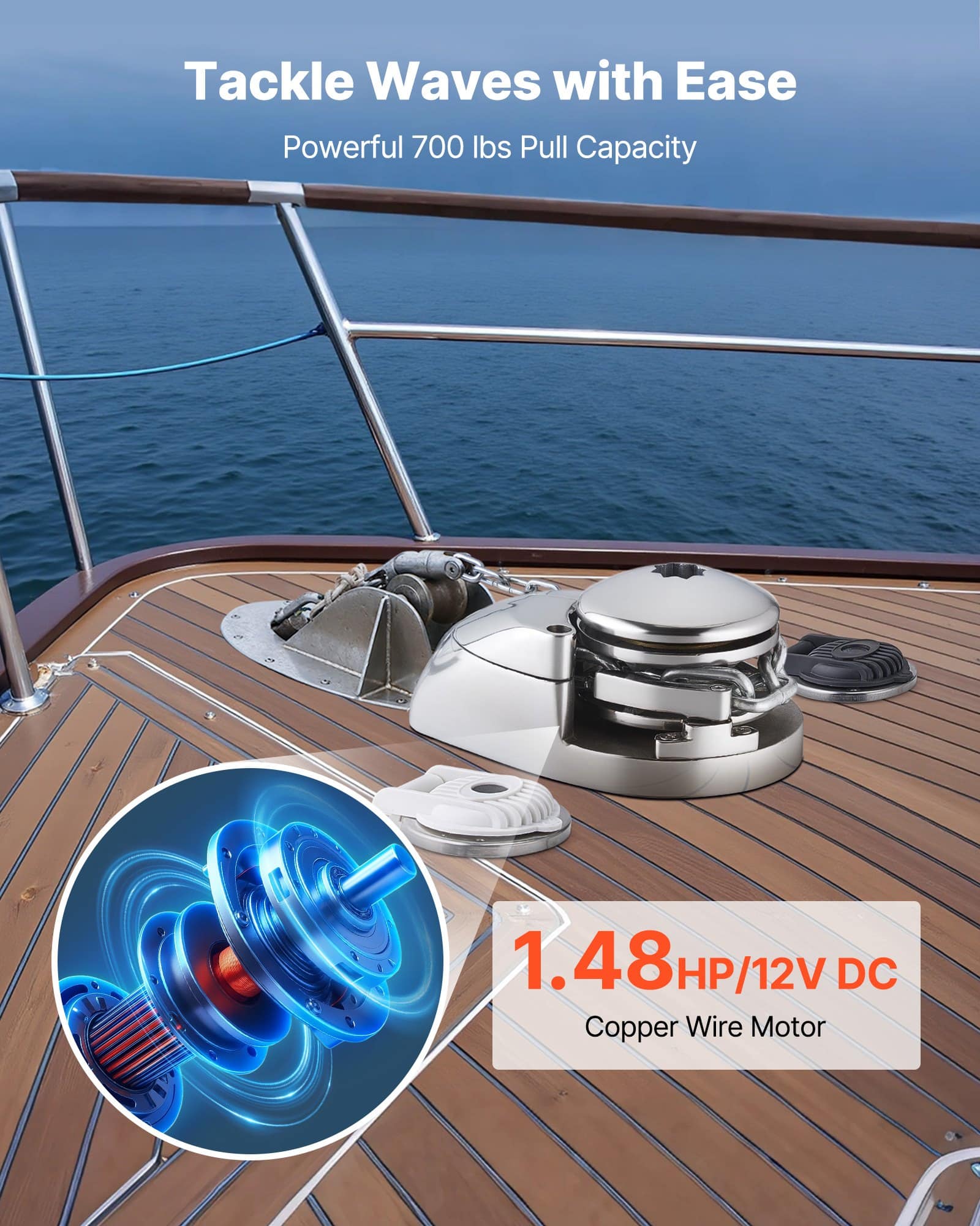 VEVOR 12V 600W Vertical Anchor Windlass for Boats 6–11m, Max Pull 320kg, Fits 6.35mm Chain or 14.3/15.9mm Rope, 316 SS - Зображення 2