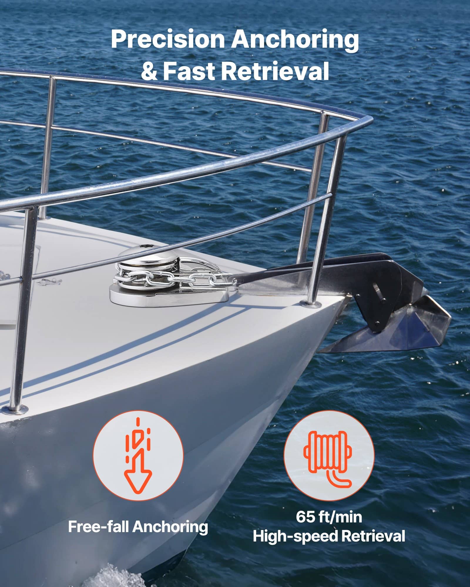 VEVOR 12V 600W Vertical Anchor Windlass for Boats 6–11m, Max Pull 320kg, Fits 6.35mm Chain or 14.3/15.9mm Rope, 316 SS - Зображення 3
