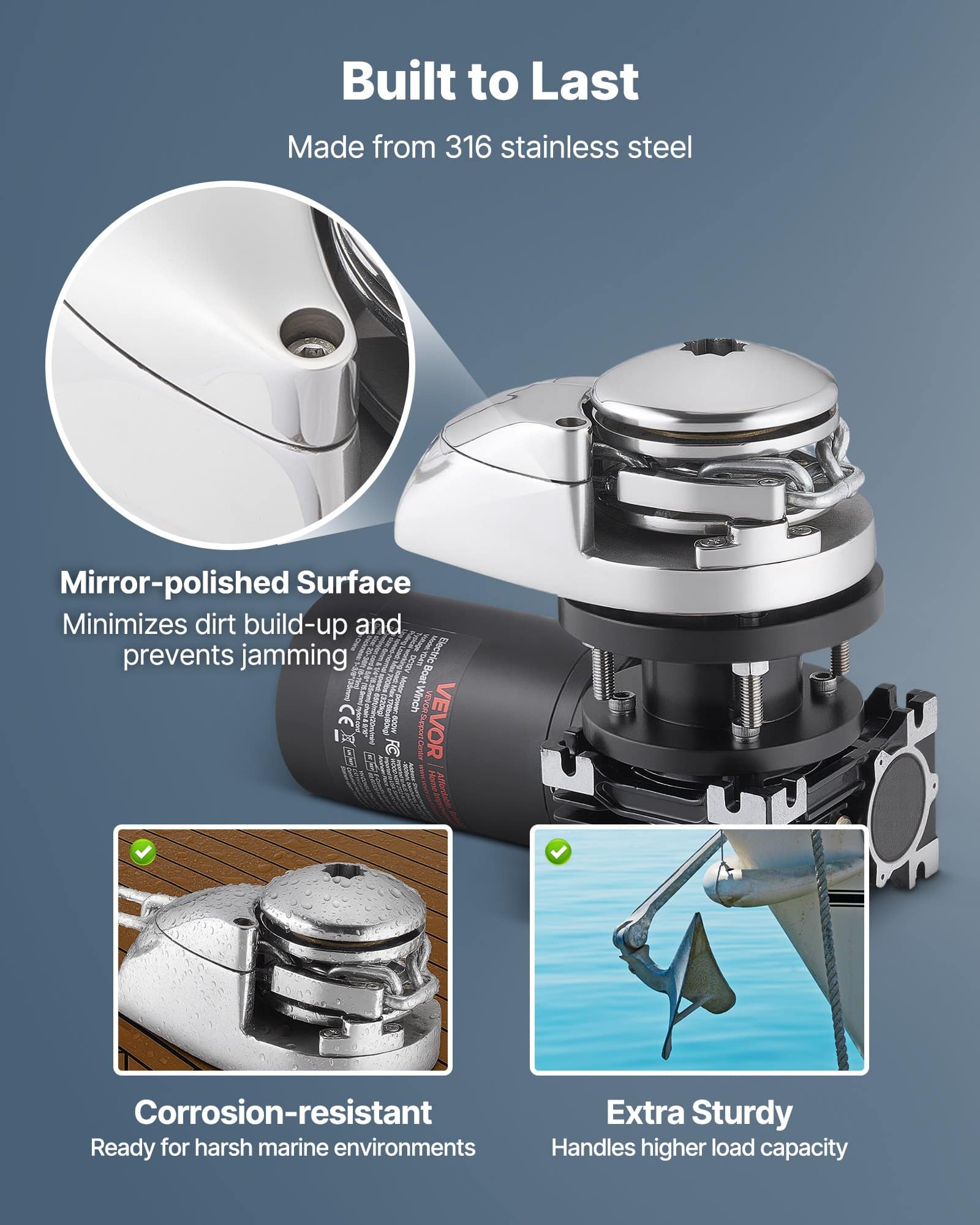 VEVOR 12V 600W Vertical Anchor Windlass for Boats 6–11m, Max Pull 320kg, Fits 6.35mm Chain or 14.3/15.9mm Rope, 316 SS - Зображення 4