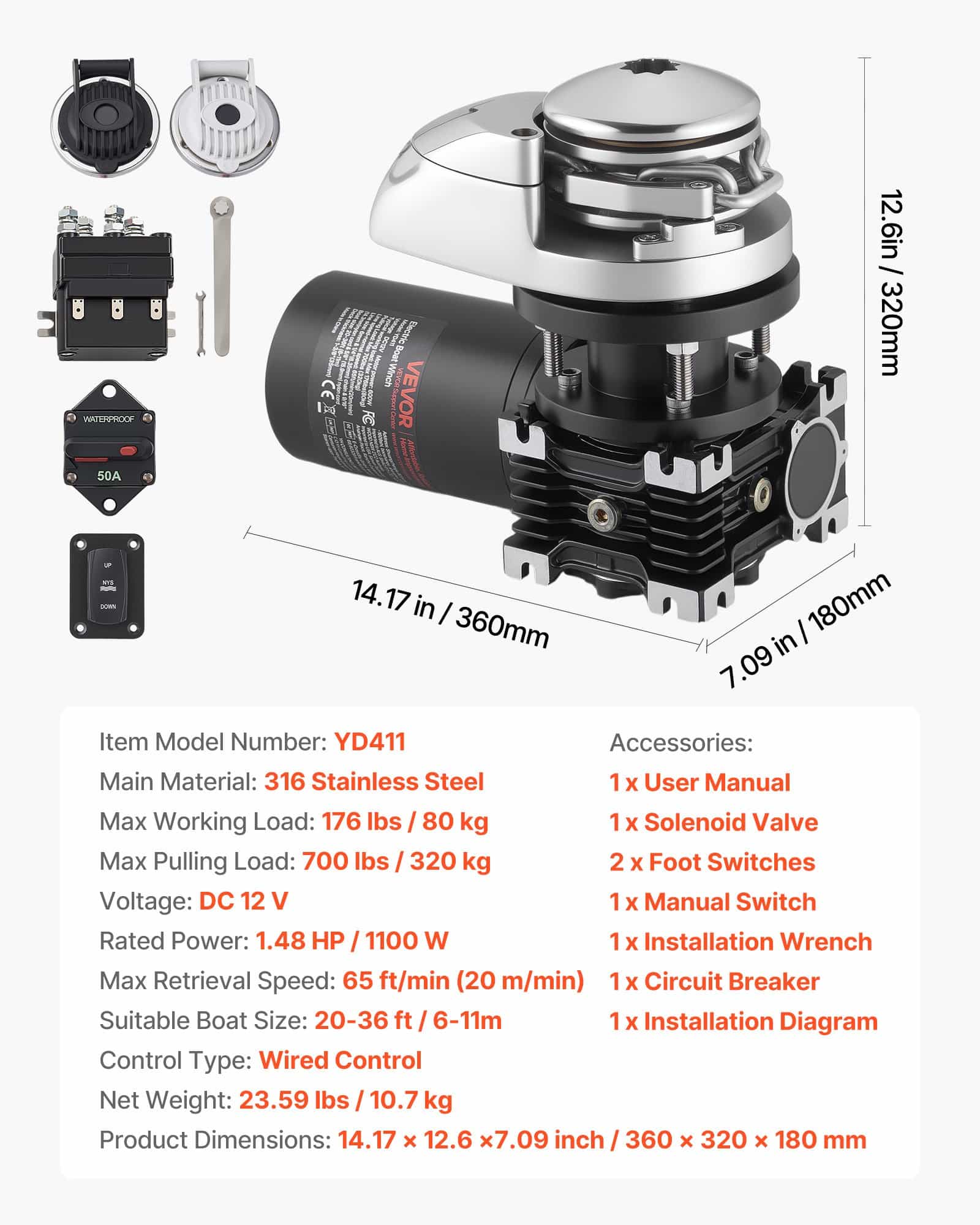 VEVOR 12V 600W Vertical Anchor Windlass for Boats 6–11m, Max Pull 320kg, Fits 6.35mm Chain or 14.3/15.9mm Rope, 316 SS - Зображення 7