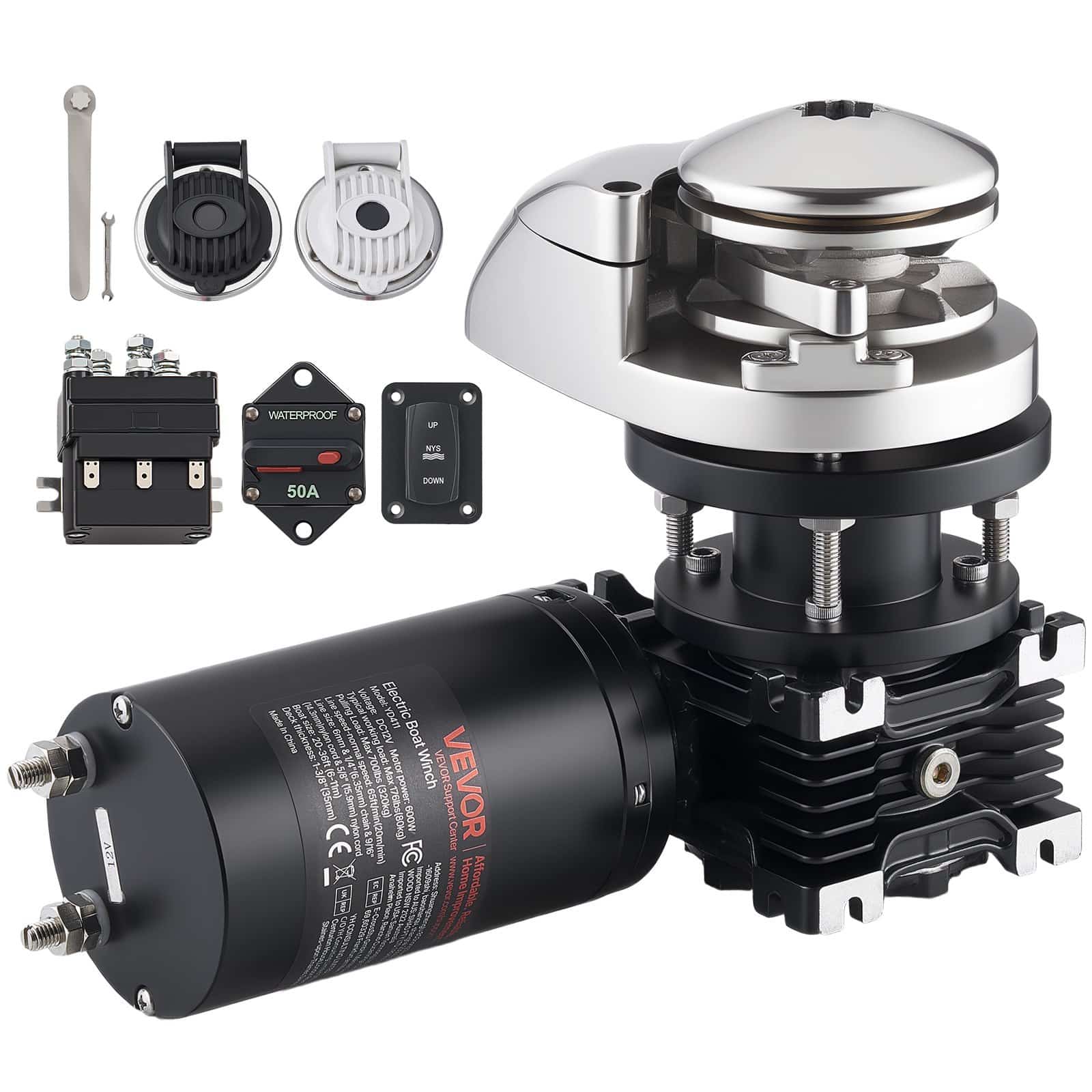 VEVOR вертикальна якірна лебідка 12V 600W для човнів 6–11м, тяга до 320кг, підходить для ланцюгів 6.35мм або мотузки 14.3/15.9мм, з нержавіючої сталі 316