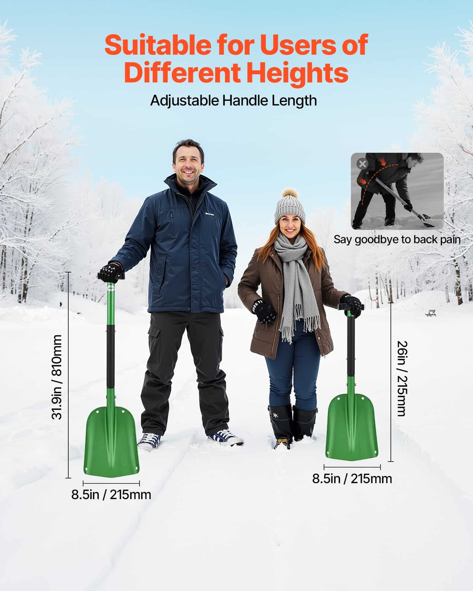 VEVOR 21.5cm Wide Aluminum Snow Shovel with T-Handle, Adjustable, Lightweight, for Driveway, Car, Camping, and Garden Use – Paveikslėlis 3