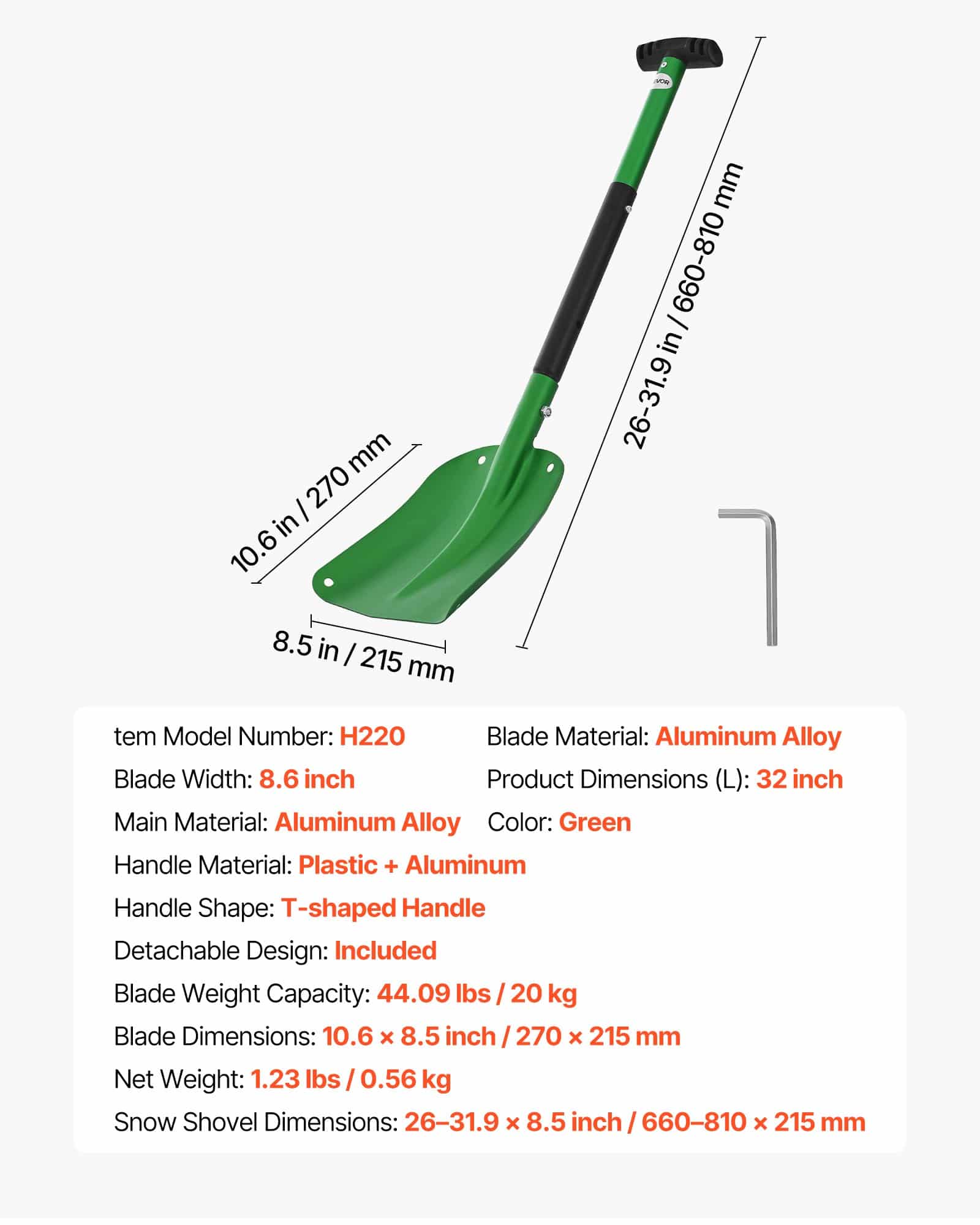 VEVOR 21.5cm Wide Aluminum Snow Shovel with T-Handle, Adjustable, Lightweight, for Driveway, Car, Camping, and Garden Use – Paveikslėlis 7