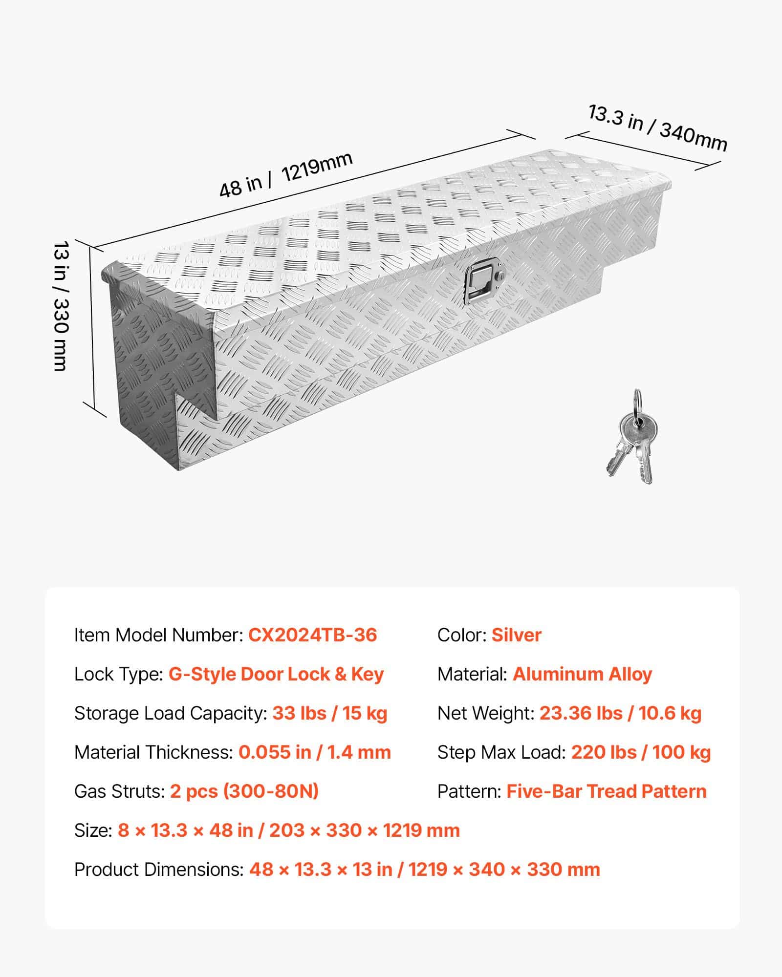 VEVOR Heavy-Duty Aluminum Truck Tool Box, 101L Lockable Storage with Tread Design for Pickup, RV, Trailer, 1219x340x330mm, Silver - Image 7