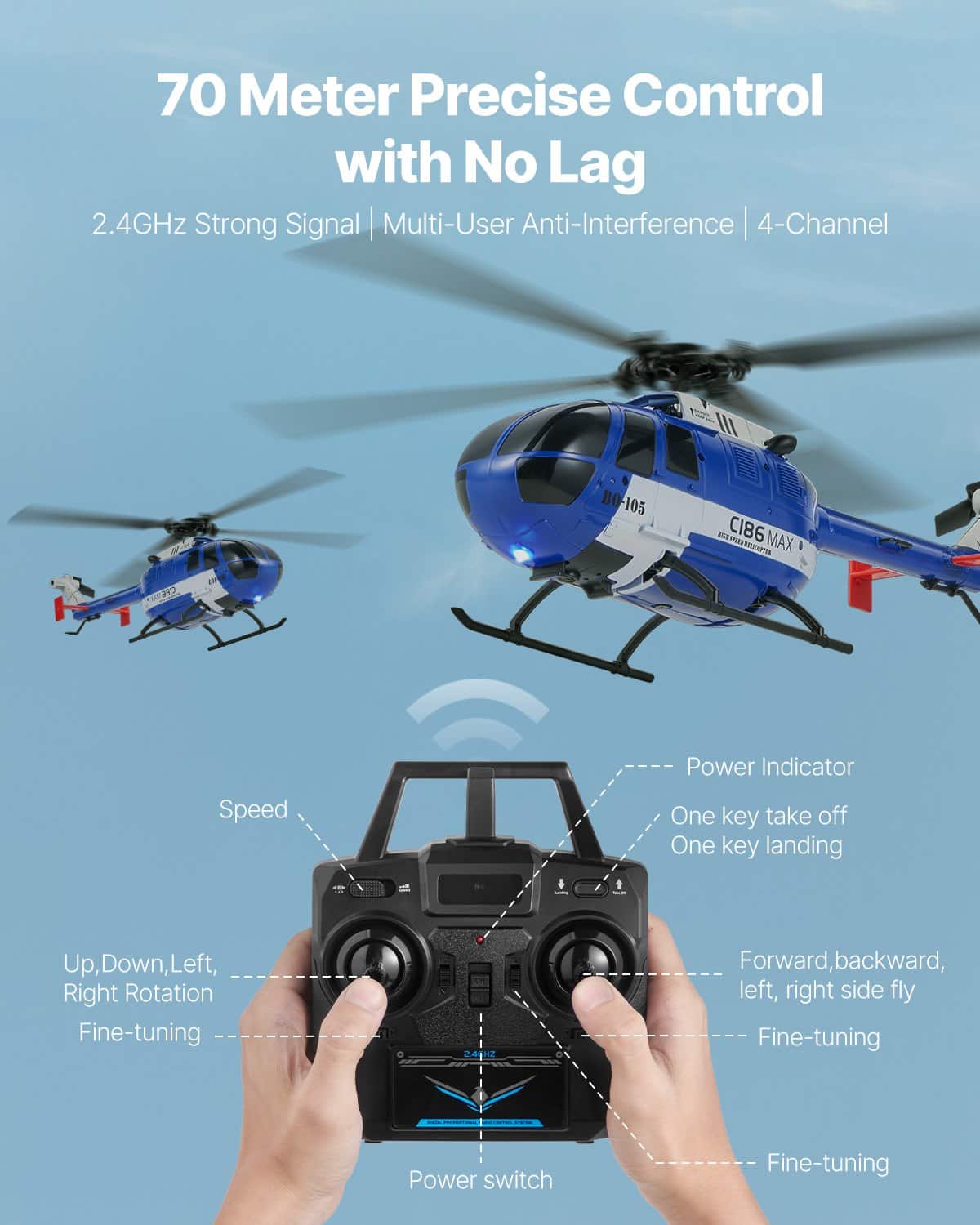 VEVOR 2.4GHz 4-Propeller RC Helicopter with LED, 6-Axis Gyro, One-Key Takeoff, Toy Plane for Beginners & Kids 8+ (Range 70m) — attēls 4