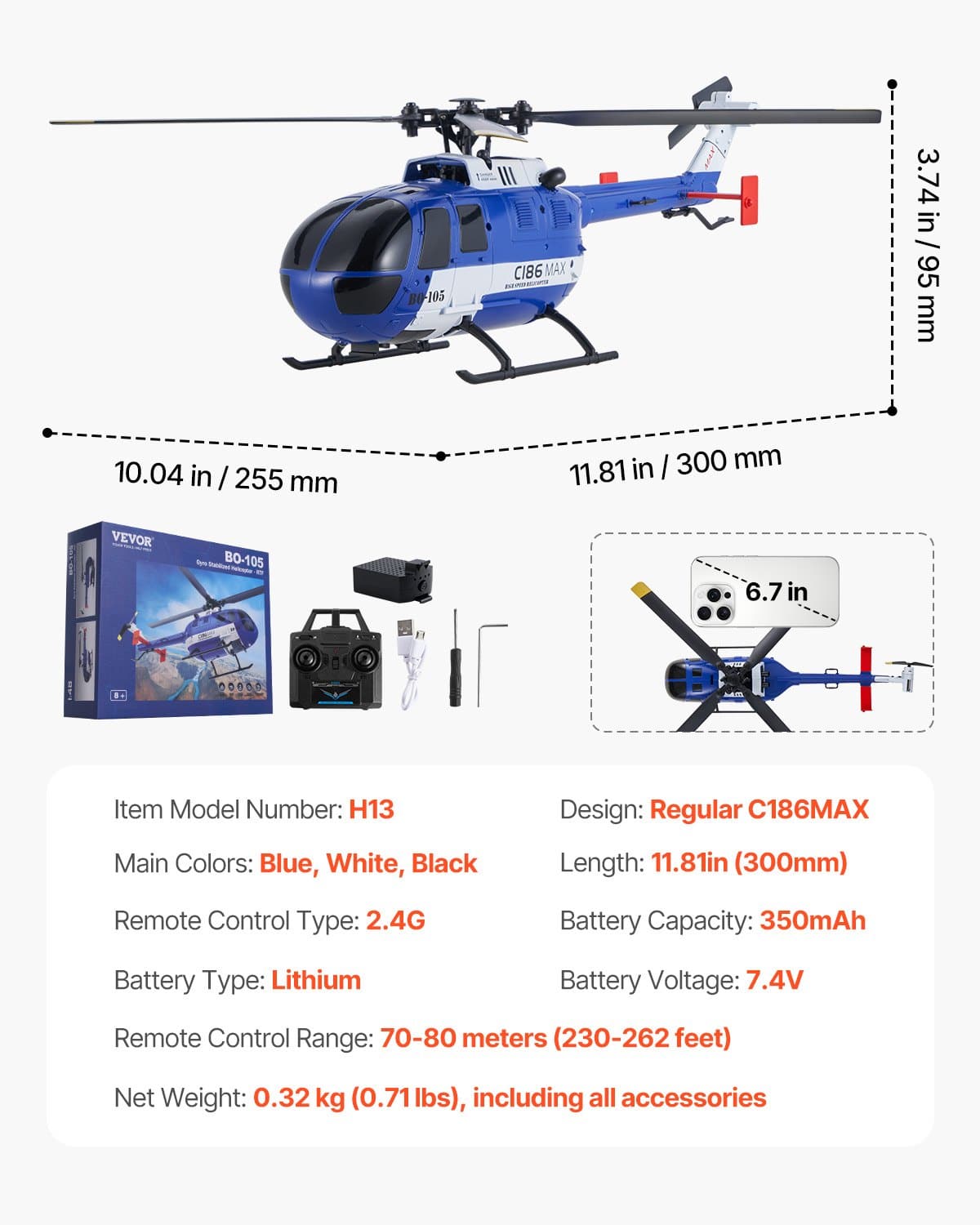 VEVOR 2.4GHz 4-Propeller RC Helicopter with LED, 6-Axis Gyro, One-Key Takeoff, Toy Plane for Beginners & Kids 8+ (Range 70m) — attēls 5