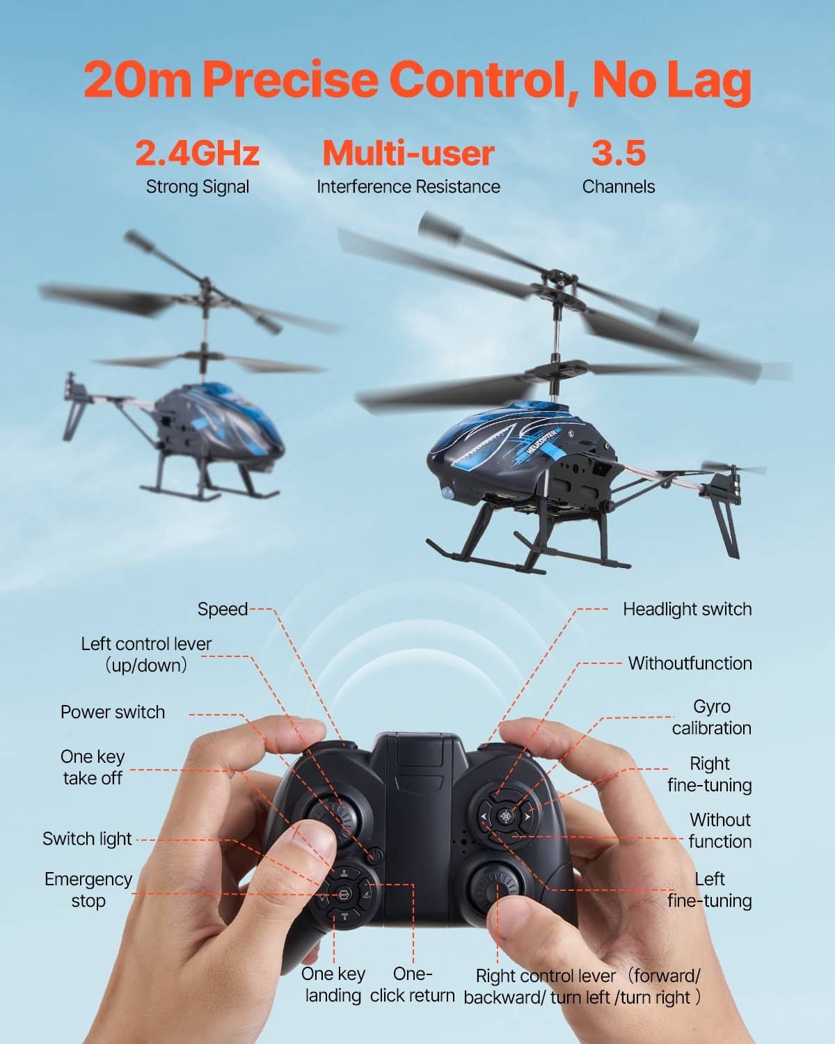 VEVOR RC Helicopter with LED Lights, 3.5-Channel, 2.4GHz Remote, 16 Min Flight, One-Key Takeoff, for Kids 8+, Indoor/Outdoor — attēls 6