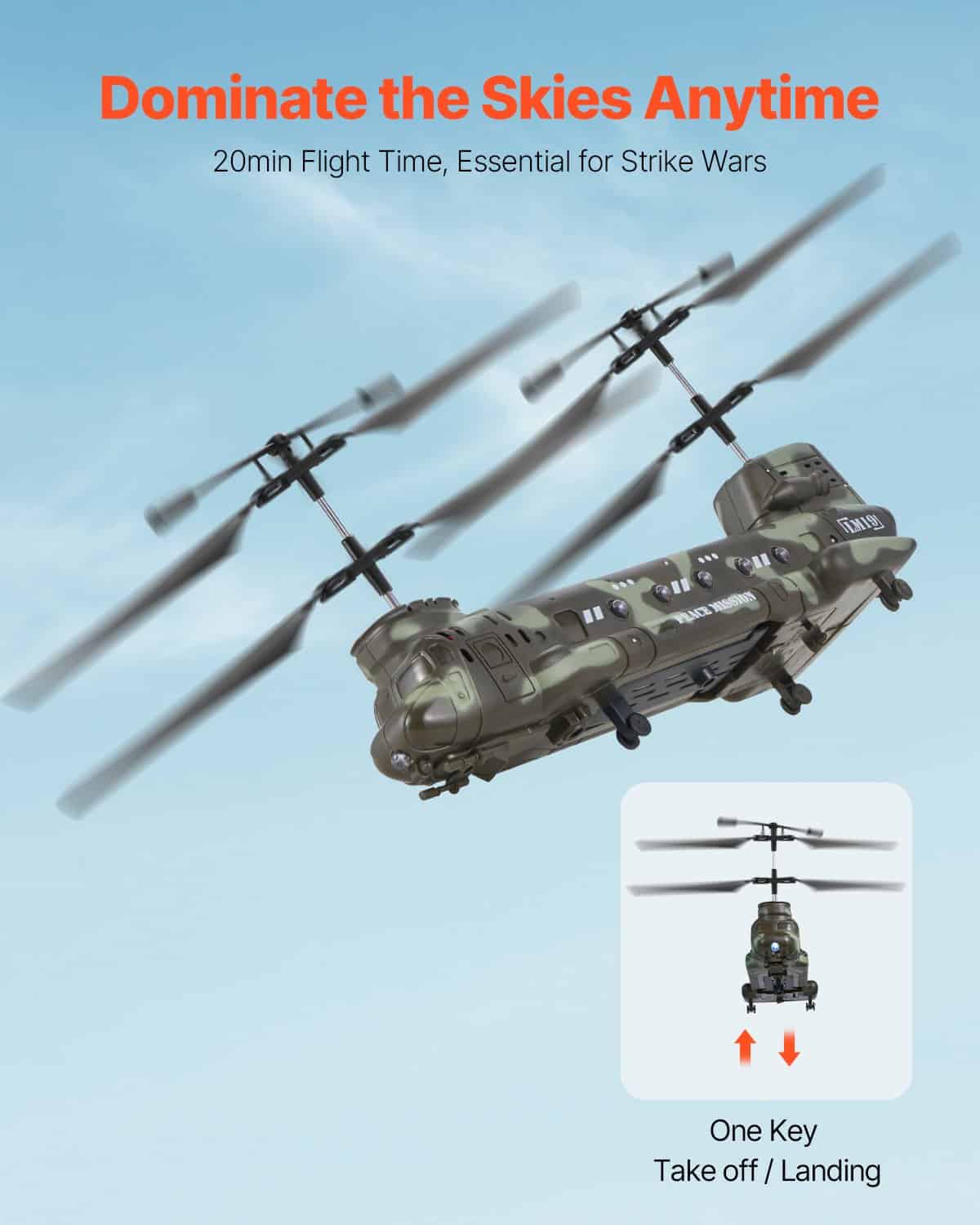 VEVOR RC Military Helicopter Toy, 2.4GHz, 3.5-Channel, LED Lights, 20 Min Flight, One-Key Control, for Kids 8+ — attēls 2