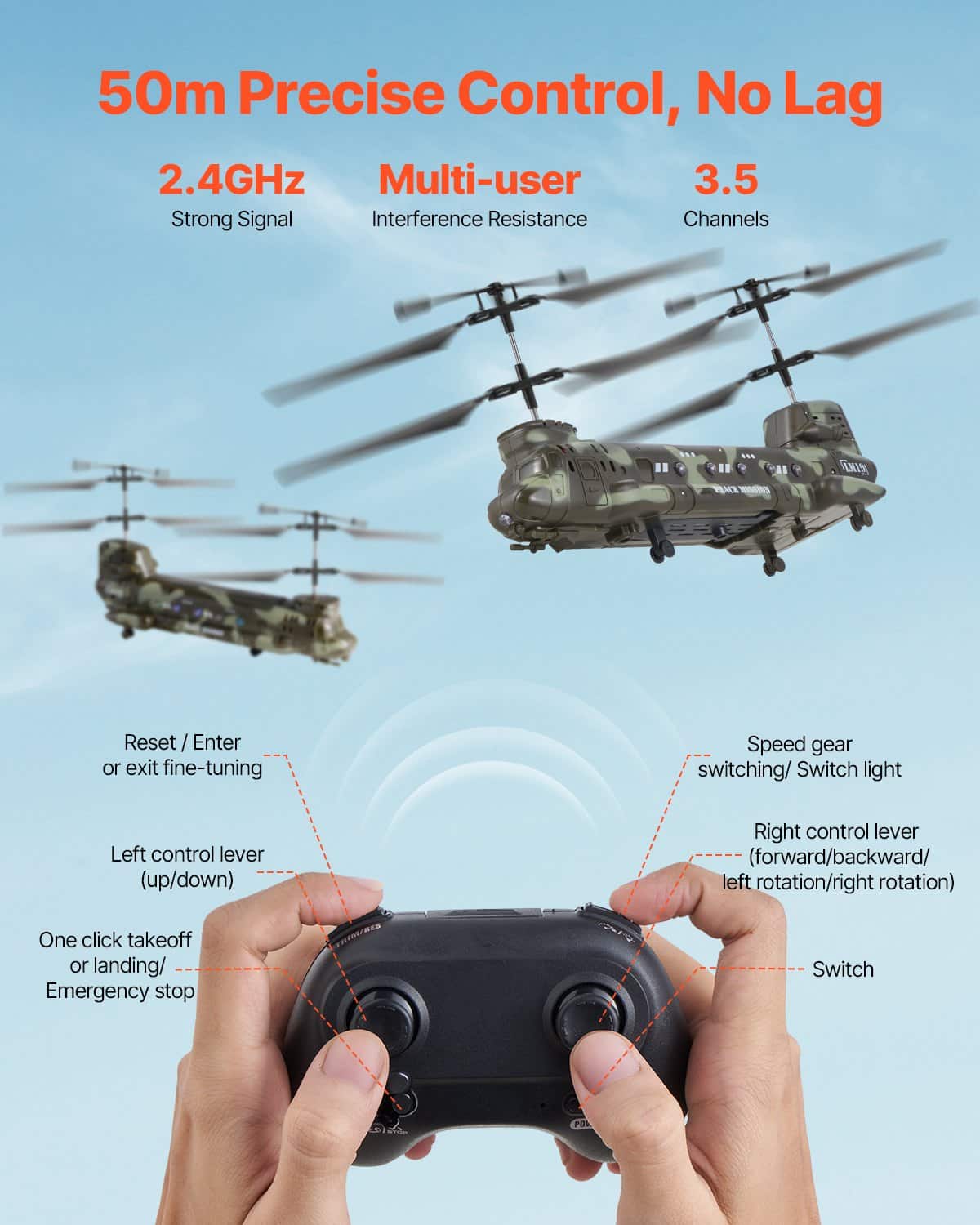 VEVOR RC Military Helicopter Toy, 2.4GHz, 3.5-Channel, LED Lights, 20 Min Flight, One-Key Control, for Kids 8+ — attēls 6