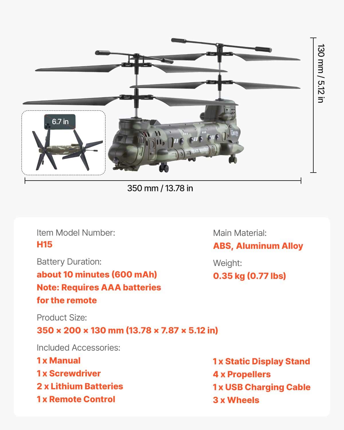 VEVOR RC Military Helicopter Toy, 2.4GHz, 3.5-Channel, LED Lights, 20 Min Flight, One-Key Control, for Kids 8+ — attēls 7