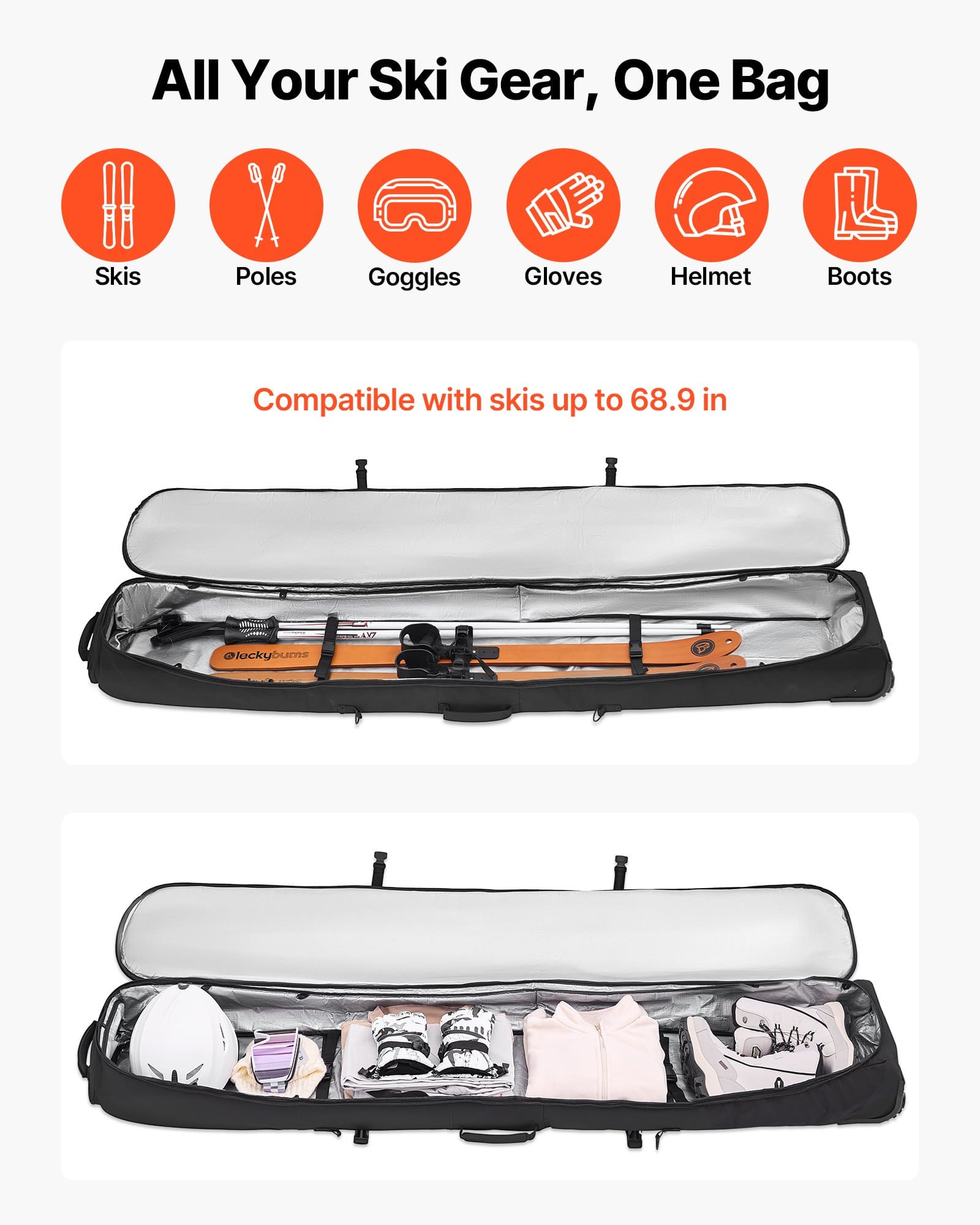 VEVOR Ski Roller Bag 190 cm, Padded Waterproof Snowboard Bag with Wheels & Straps for Air Travel, Fits Skis, Gear, Helmet - Black - Зображення 2