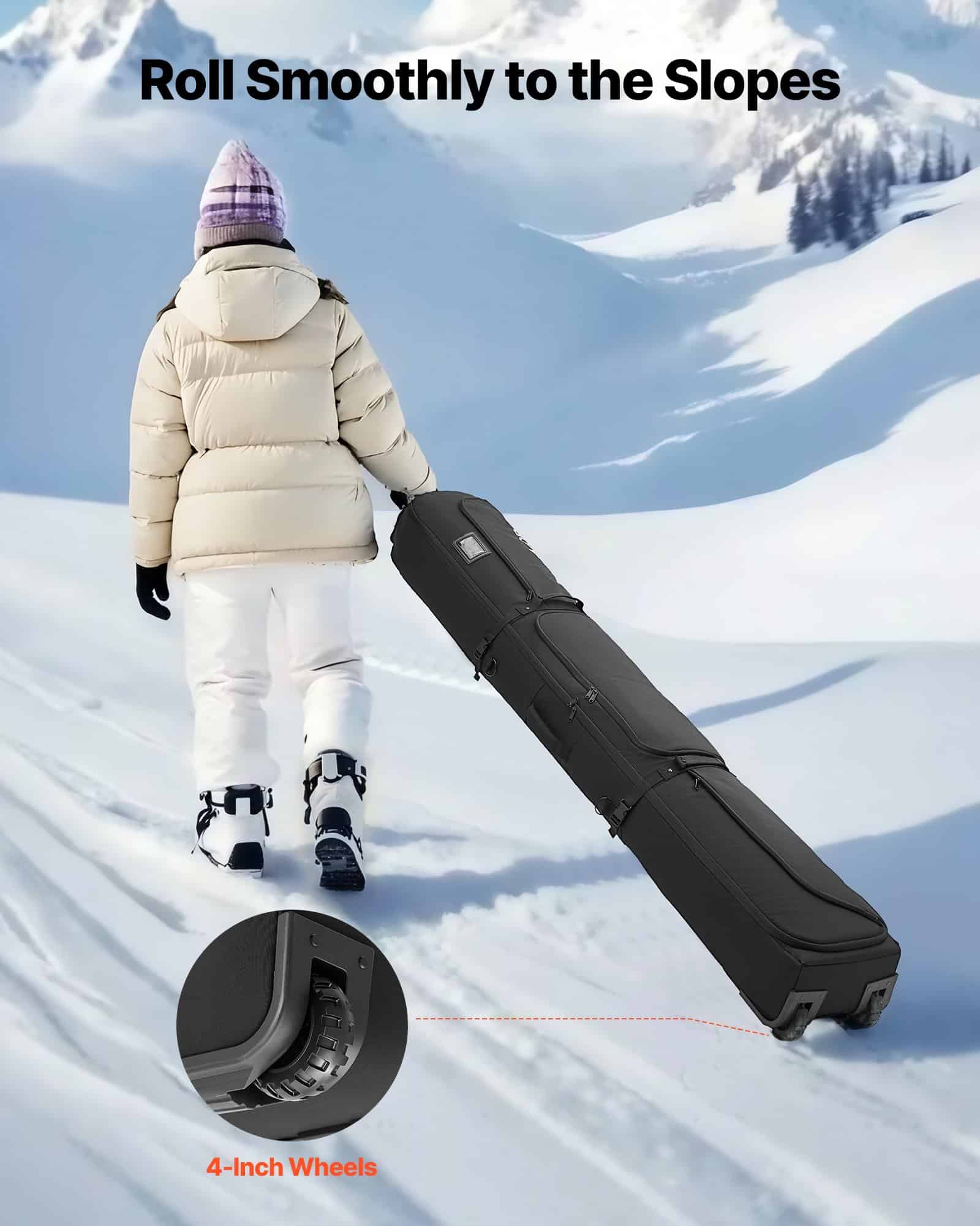 VEVOR Ski Roller Bag 190 cm, Padded Waterproof Snowboard Bag with Wheels & Straps for Air Travel, Fits Skis, Gear, Helmet - Black - Зображення 3