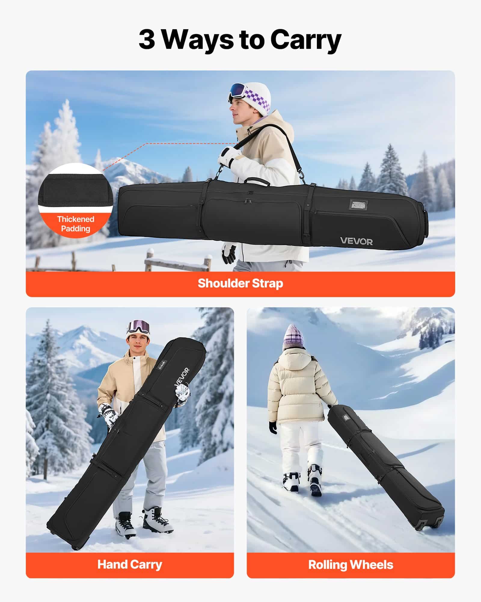 VEVOR Ski Roller Bag 190 cm, Padded Waterproof Snowboard Bag with Wheels & Straps for Air Travel, Fits Skis, Gear, Helmet - Black - Зображення 5