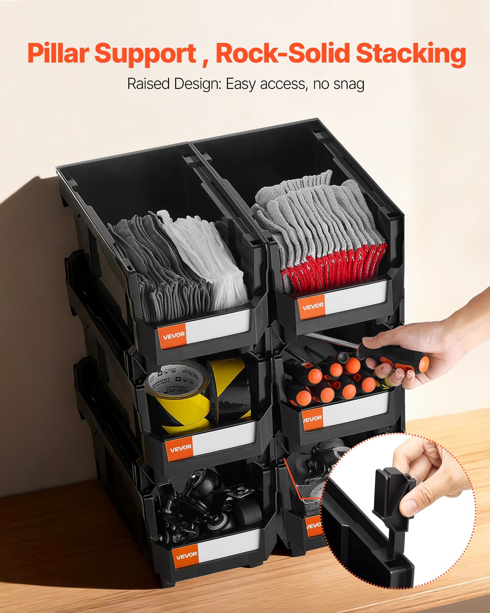 VEVOR 6-Pack Stackable Plastic Storage Bins, 37.7x21.5x18 cm, Black Containers for Garage, Closet, Office & Small Parts — attēls 4