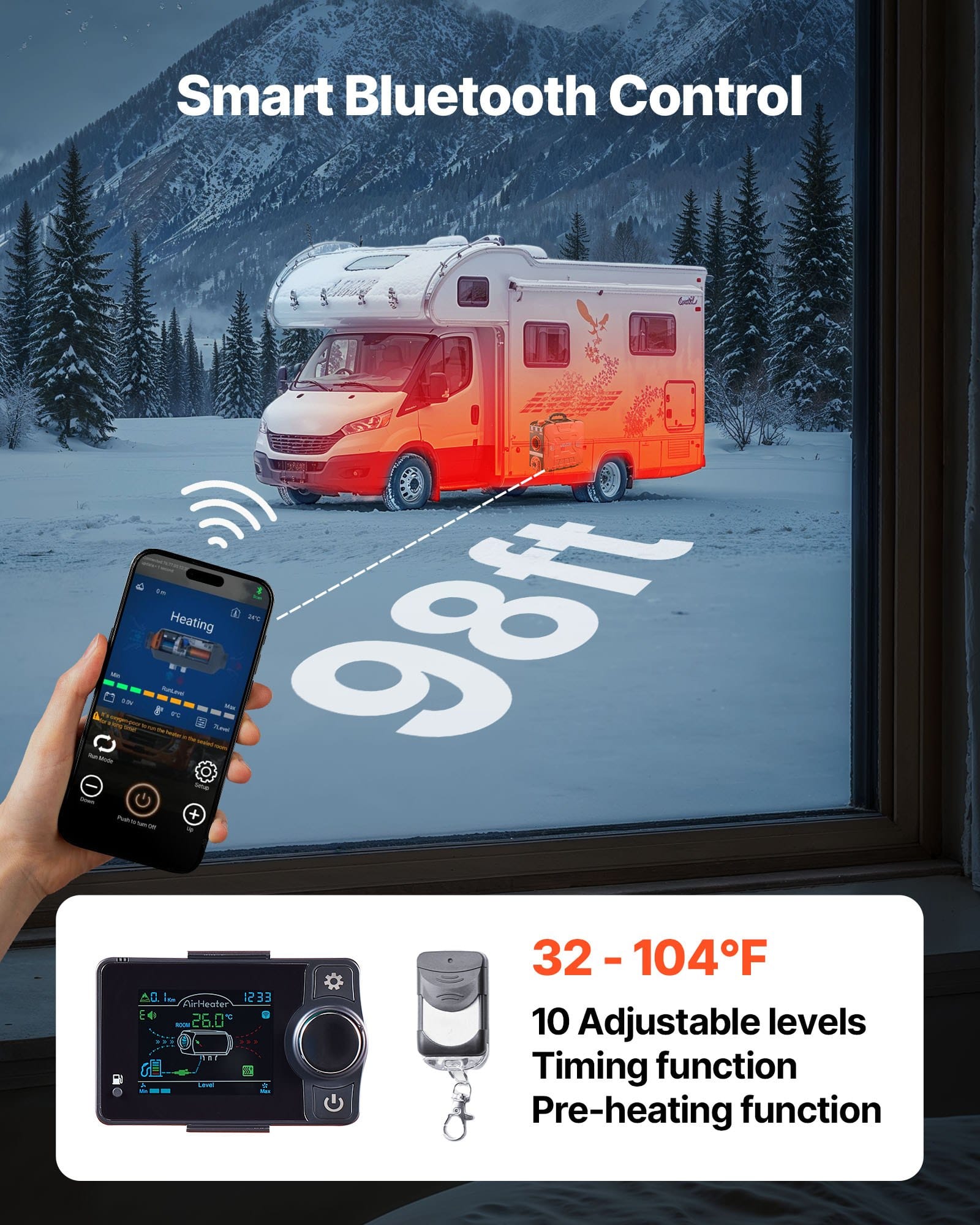 VEVOR 5–8kW 12V Diesel Air Heater with Bluetooth App, Remote & LCD, 4.5L Tank – Portable All-in-One for RVs, Vans, Campers, Garages — attēls 5