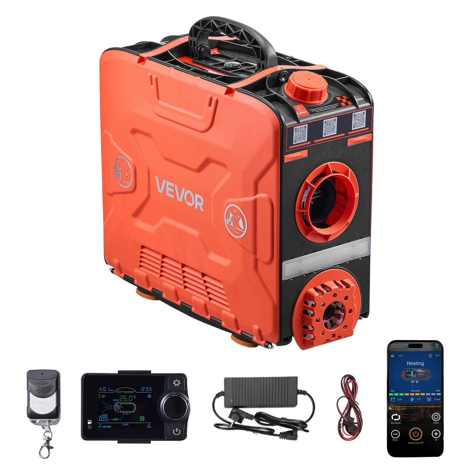 VEVOR 5–8kW 12V dīzeļdegvielas gaisa sildītājs ar Bluetooth lietotni, tālvadības pulti un LCD, 4,5 l tvertne – pārnēsājama universāla automašīna RV, furgoniem, kemperiem, garāžām