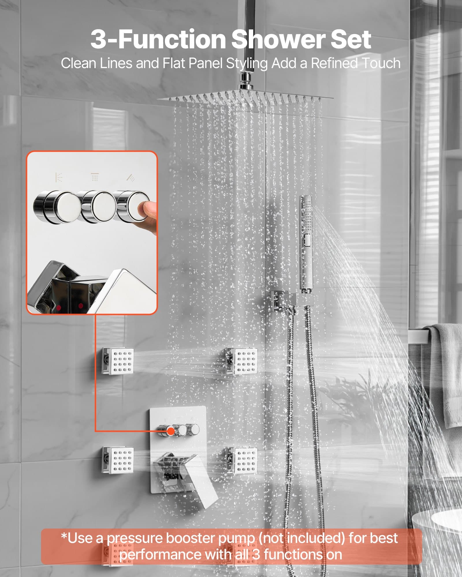 VEVOR 254 mm Ceiling Rain Shower System with 6 Body Jets, 2-in-1 Handheld Spray, 3-Function Head, Brass Valve, Chrome Finish - Image 2