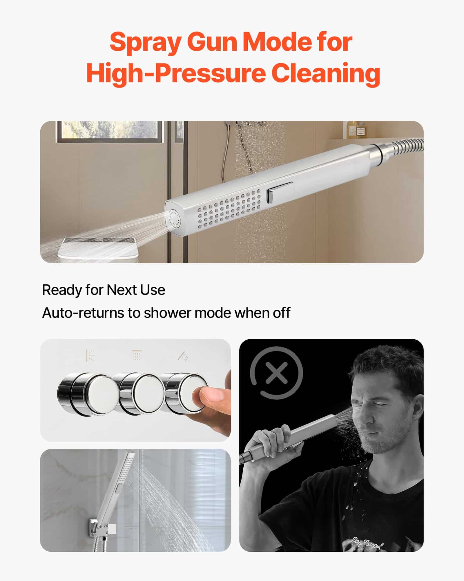 VEVOR 254 mm Ceiling Rain Shower System with 6 Body Jets, 2-in-1 Handheld Spray, 3-Function Head, Brass Valve, Chrome Finish - Image 3