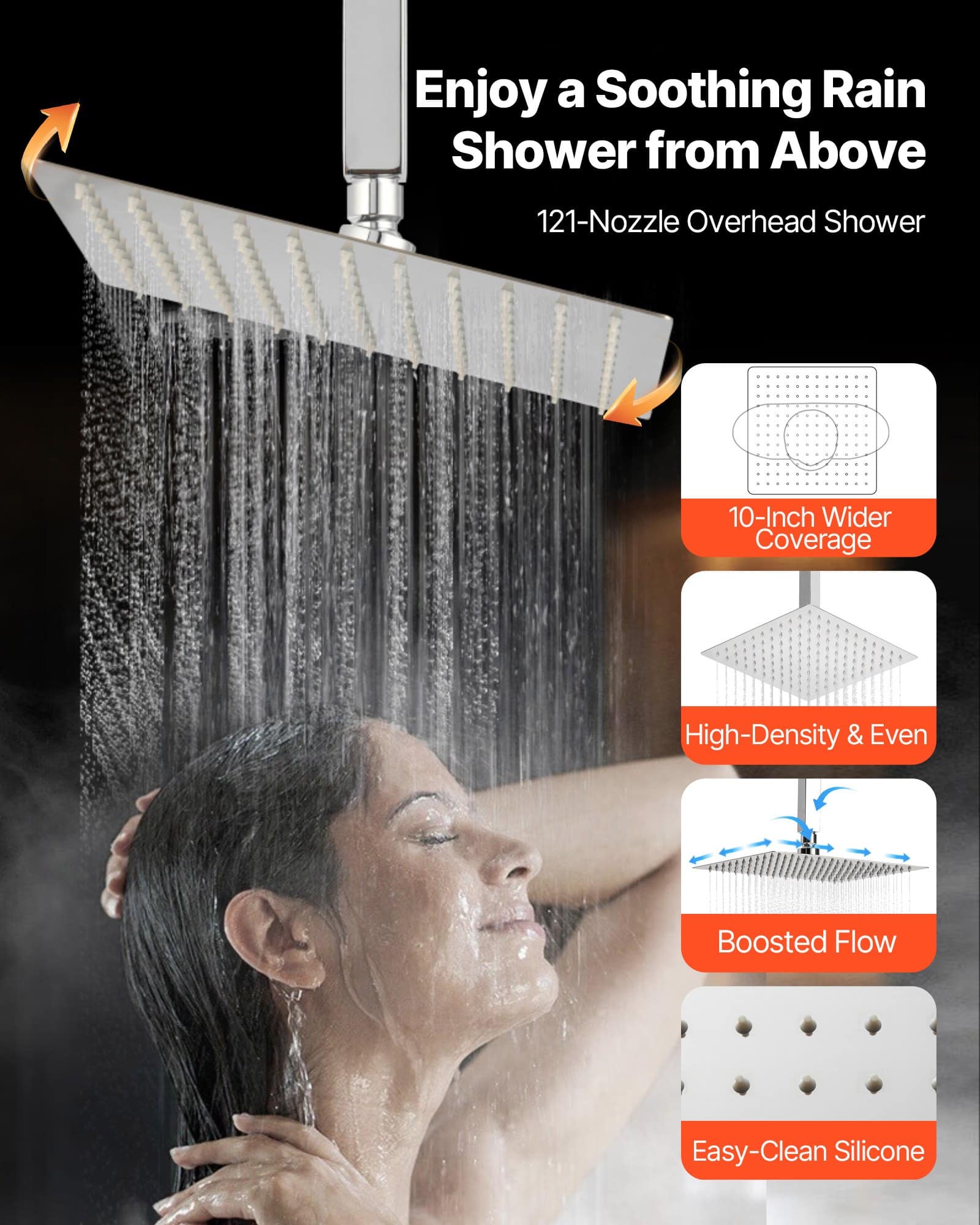 VEVOR 254 mm Ceiling Rain Shower System with 6 Body Jets, 2-in-1 Handheld Spray, 3-Function Head, Brass Valve, Chrome Finish - Image 5