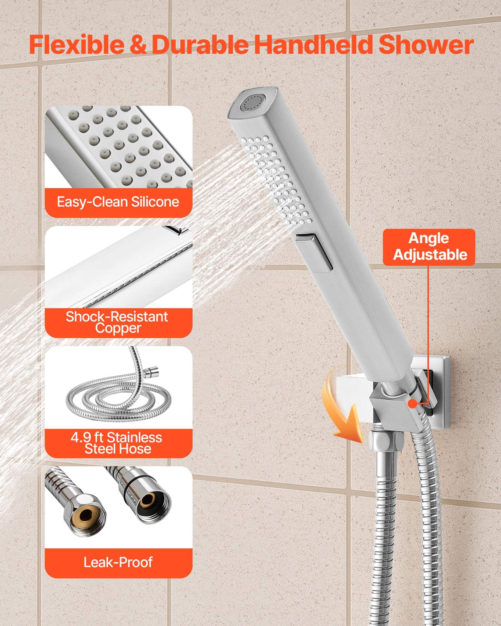 VEVOR 254 mm Ceiling Rain Shower System with 6 Body Jets, 2-in-1 Handheld Spray, 3-Function Head, Brass Valve, Chrome Finish - Image 6