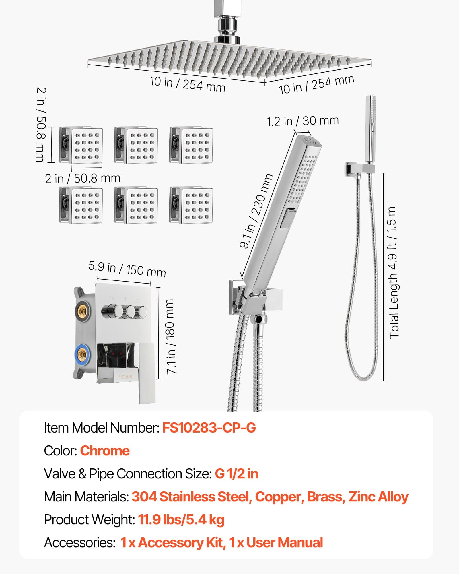 VEVOR 254 mm Ceiling Rain Shower System with 6 Body Jets, 2-in-1 Handheld Spray, 3-Function Head, Brass Valve, Chrome Finish - Image 7