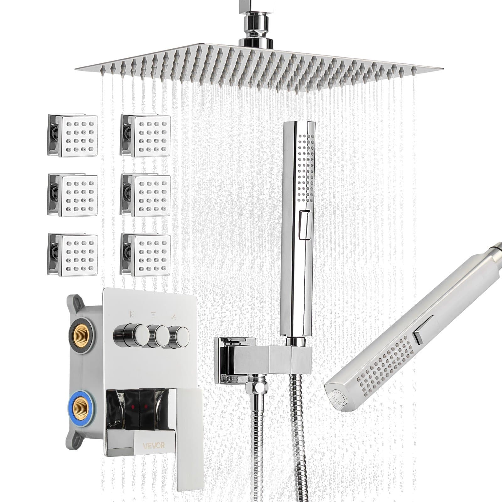 VEVOR 254 mm Ceiling Rain Shower System with 6 Body Jets, 2-in-1 Handheld Spray, 3-Function Head, Brass Valve, Chrome Finish
