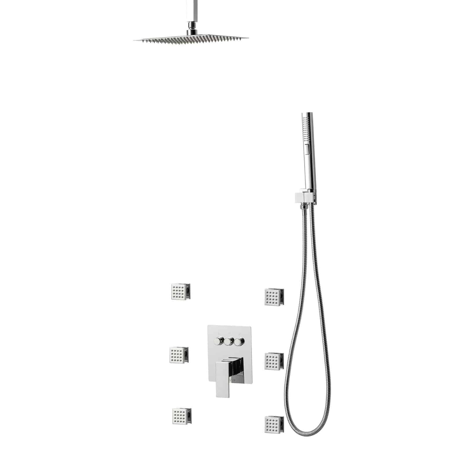 VEVOR 254 mm Ceiling Rain Shower System with 6 Body Jets, 2-in-1 Handheld Spray, 3-Function Head, Brass Valve, Chrome Finish - Image 10