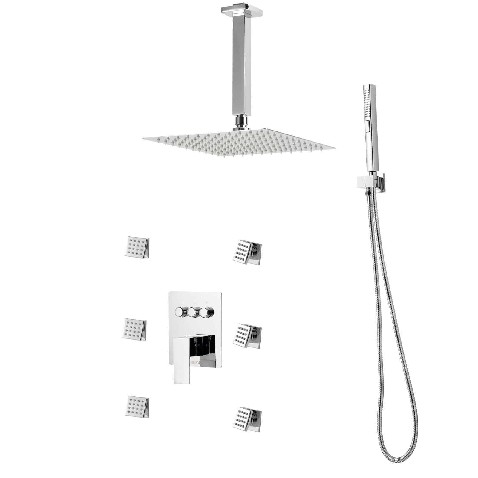 VEVOR 254 mm Ceiling Rain Shower System with 6 Body Jets, 2-in-1 Handheld Spray, 3-Function Head, Brass Valve, Chrome Finish - Image 11