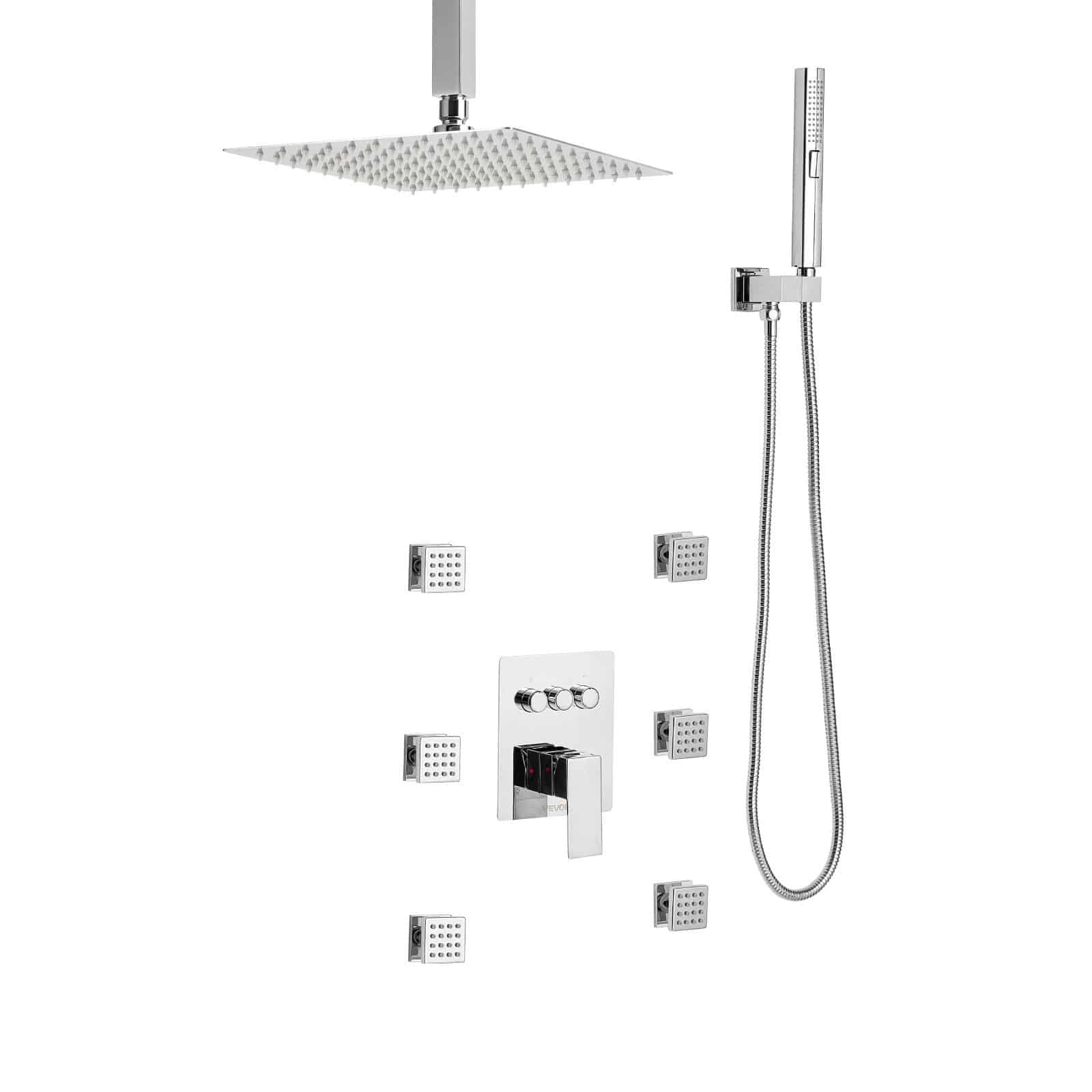 VEVOR 254 mm Ceiling Rain Shower System with 6 Body Jets, 2-in-1 Handheld Spray, 3-Function Head, Brass Valve, Chrome Finish - Image 9