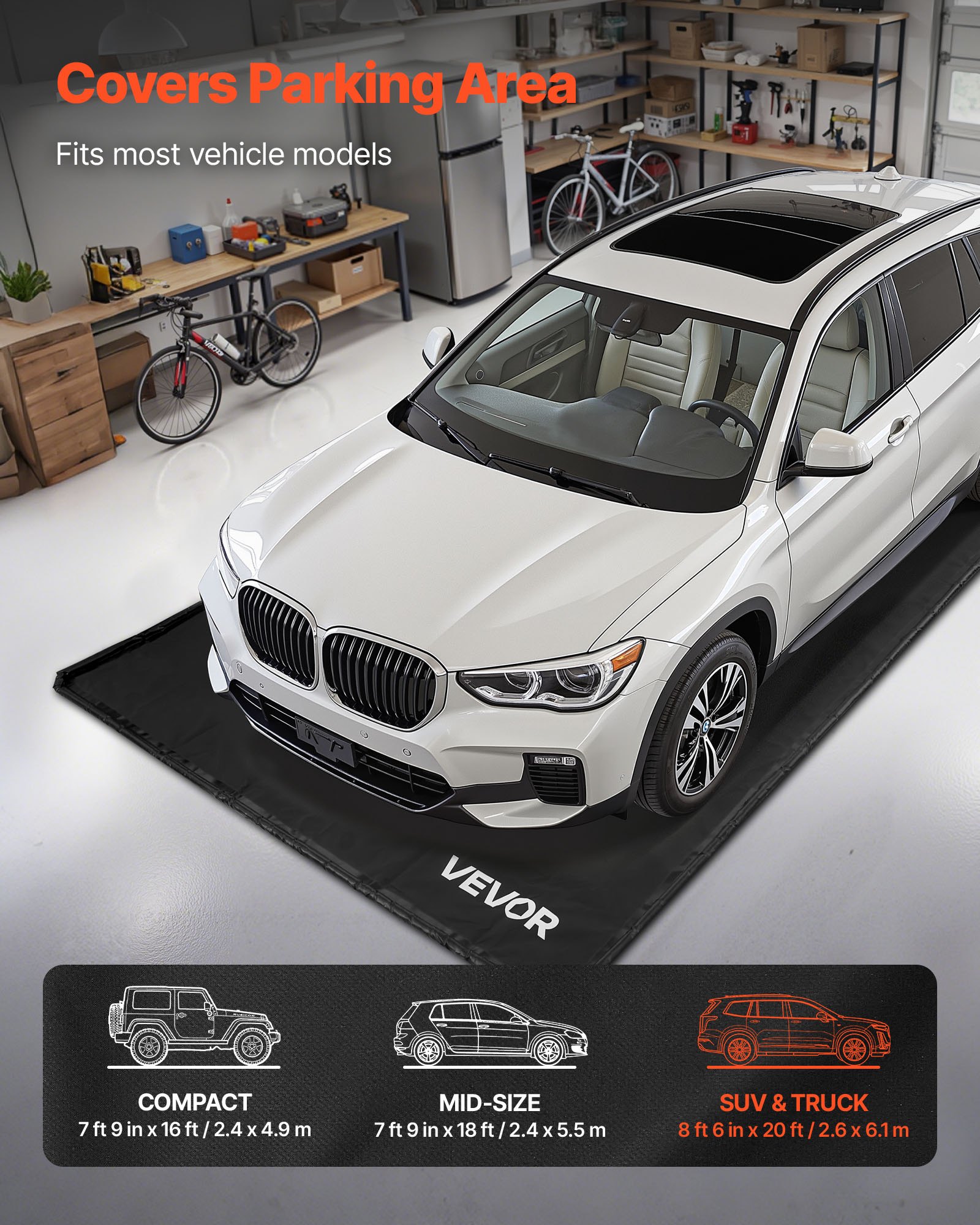 VEVOR 2.6x6.1 m PVC Garage Containment Mat with Squeegee, Waterproof Non-Slip Floor Protector for Cars, SUVs, Trucks, Black - Image 2