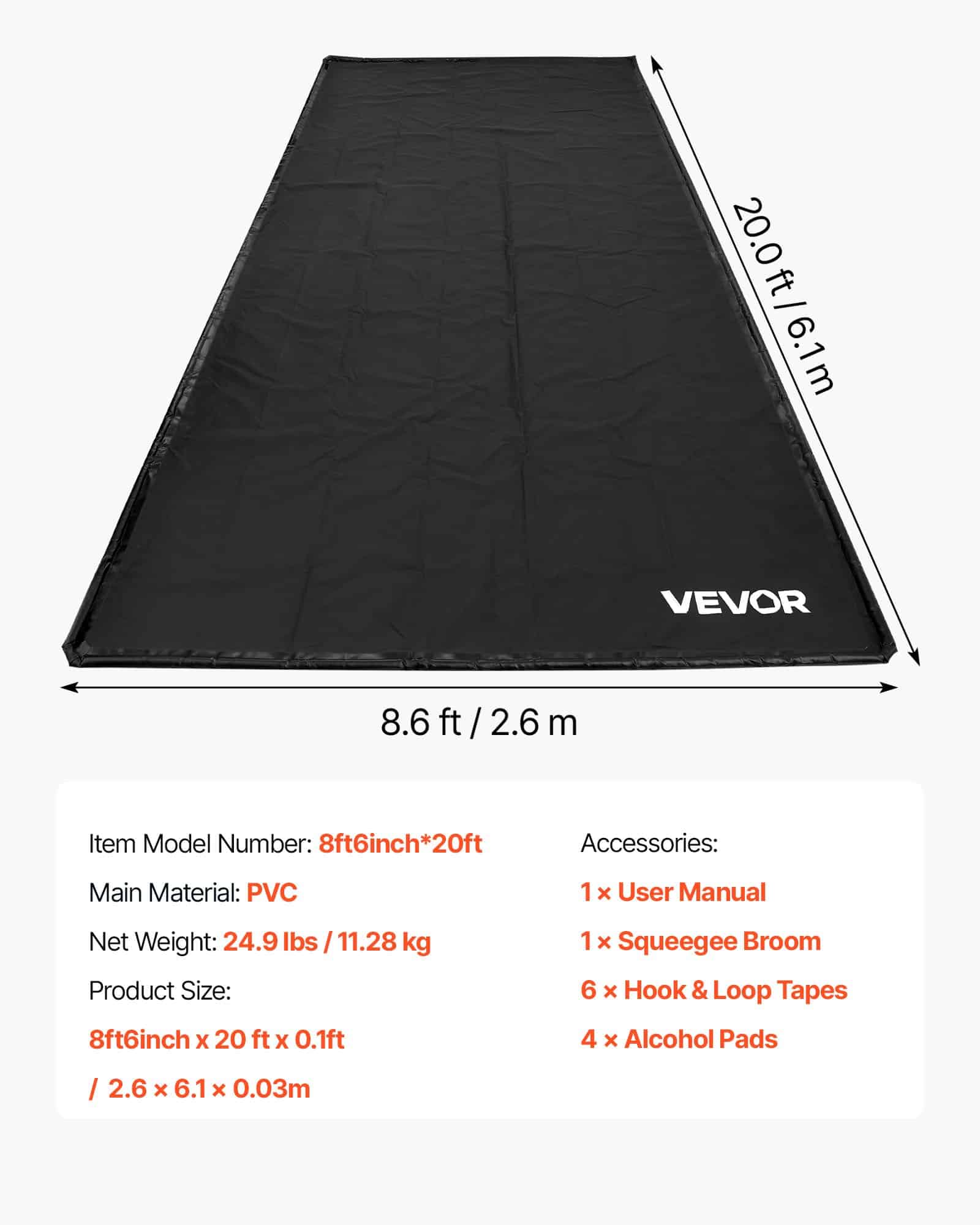 VEVOR 2.6x6.1 m PVC Garage Containment Mat with Squeegee, Waterproof Non-Slip Floor Protector for Cars, SUVs, Trucks, Black - Image 7