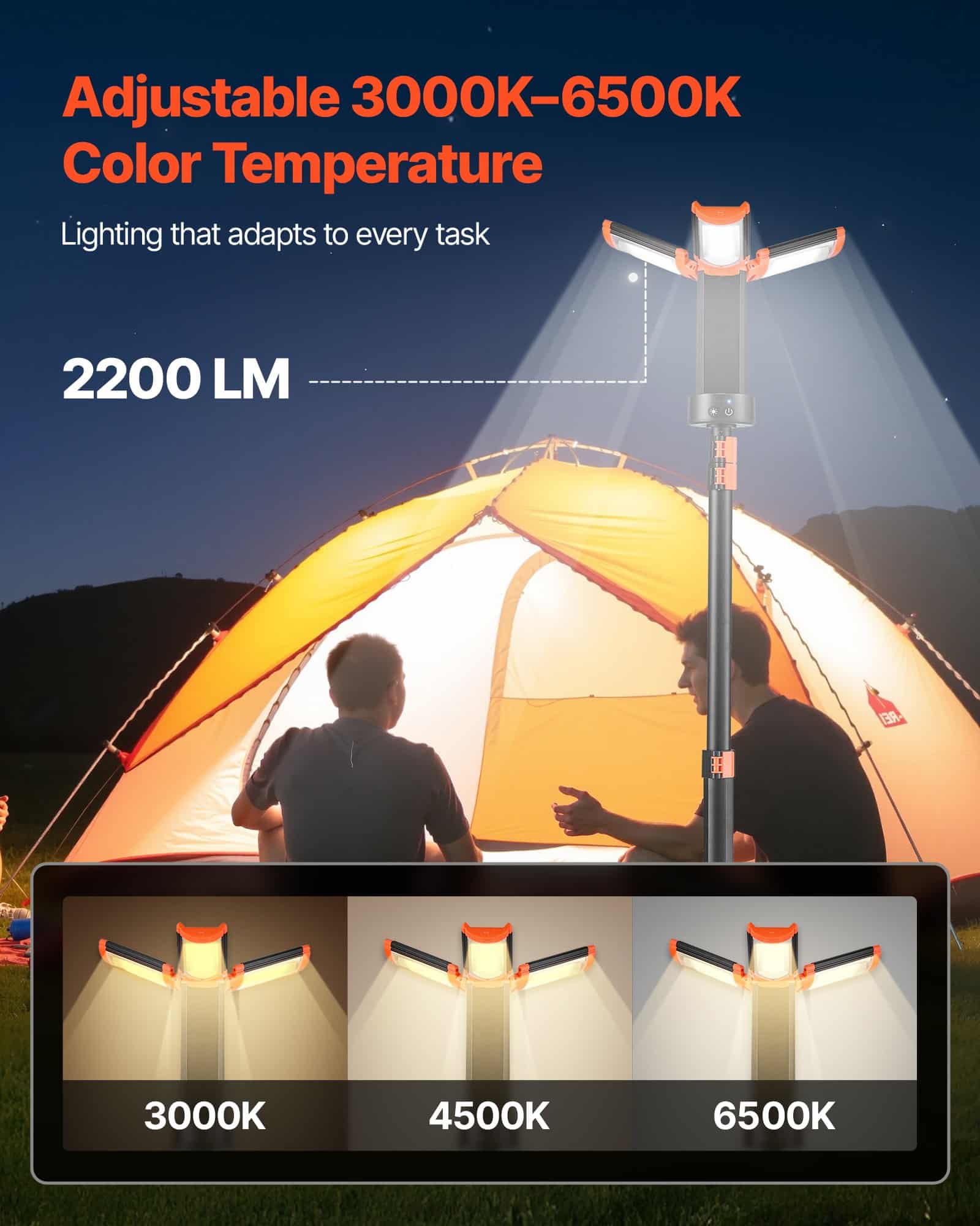 VEVOR 2200lm Rechargeable LED Work Light with Tripod, 10Ah Battery, 3 Adjustable Heads, 3000K-6500K, IP65, Portable Site Lamp - Image 2