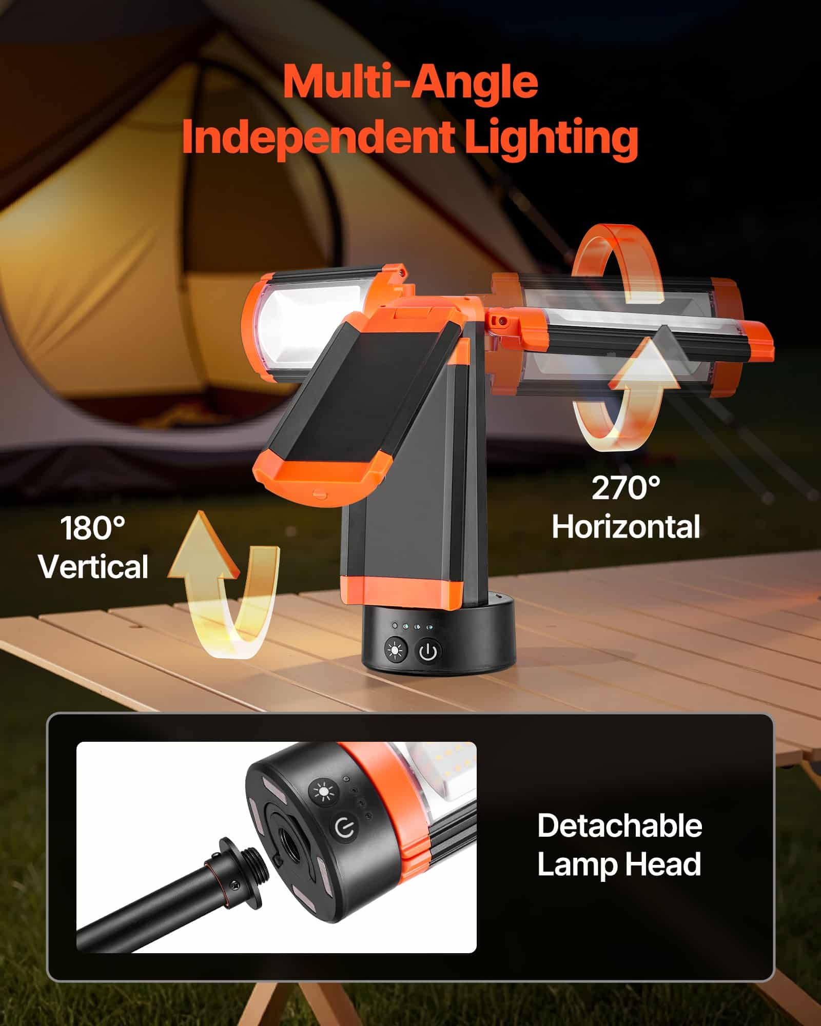 VEVOR 2200lm Rechargeable LED Work Light with Tripod, 10Ah Battery, 3 Adjustable Heads, 3000K-6500K, IP65, Portable Site Lamp - Image 3