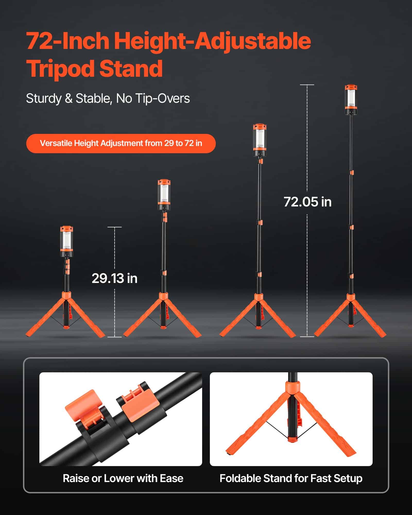 VEVOR 2200lm Rechargeable LED Work Light with Tripod, 10Ah Battery, 3 Adjustable Heads, 3000K-6500K, IP65, Portable Site Lamp - Image 4