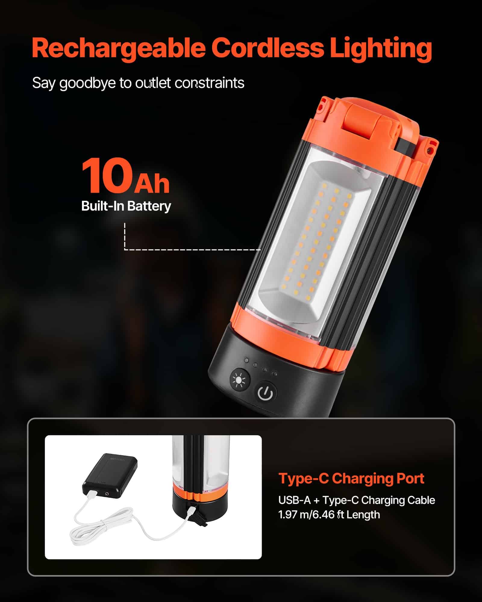 VEVOR 2200lm Rechargeable LED Work Light with Tripod, 10Ah Battery, 3 Adjustable Heads, 3000K-6500K, IP65, Portable Site Lamp - Image 5