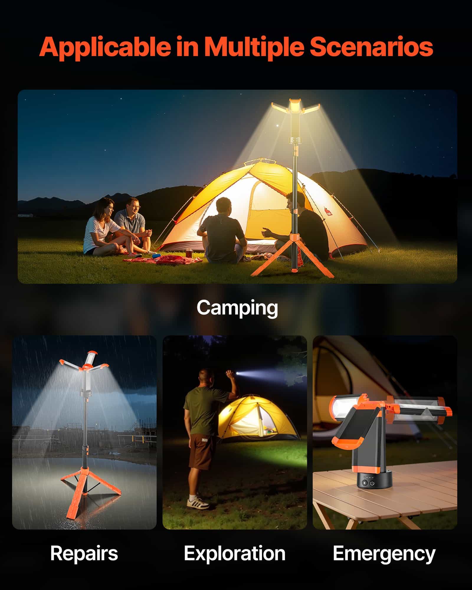 VEVOR 2200lm Rechargeable LED Work Light with Tripod, 10Ah Battery, 3 Adjustable Heads, 3000K-6500K, IP65, Portable Site Lamp - Image 6