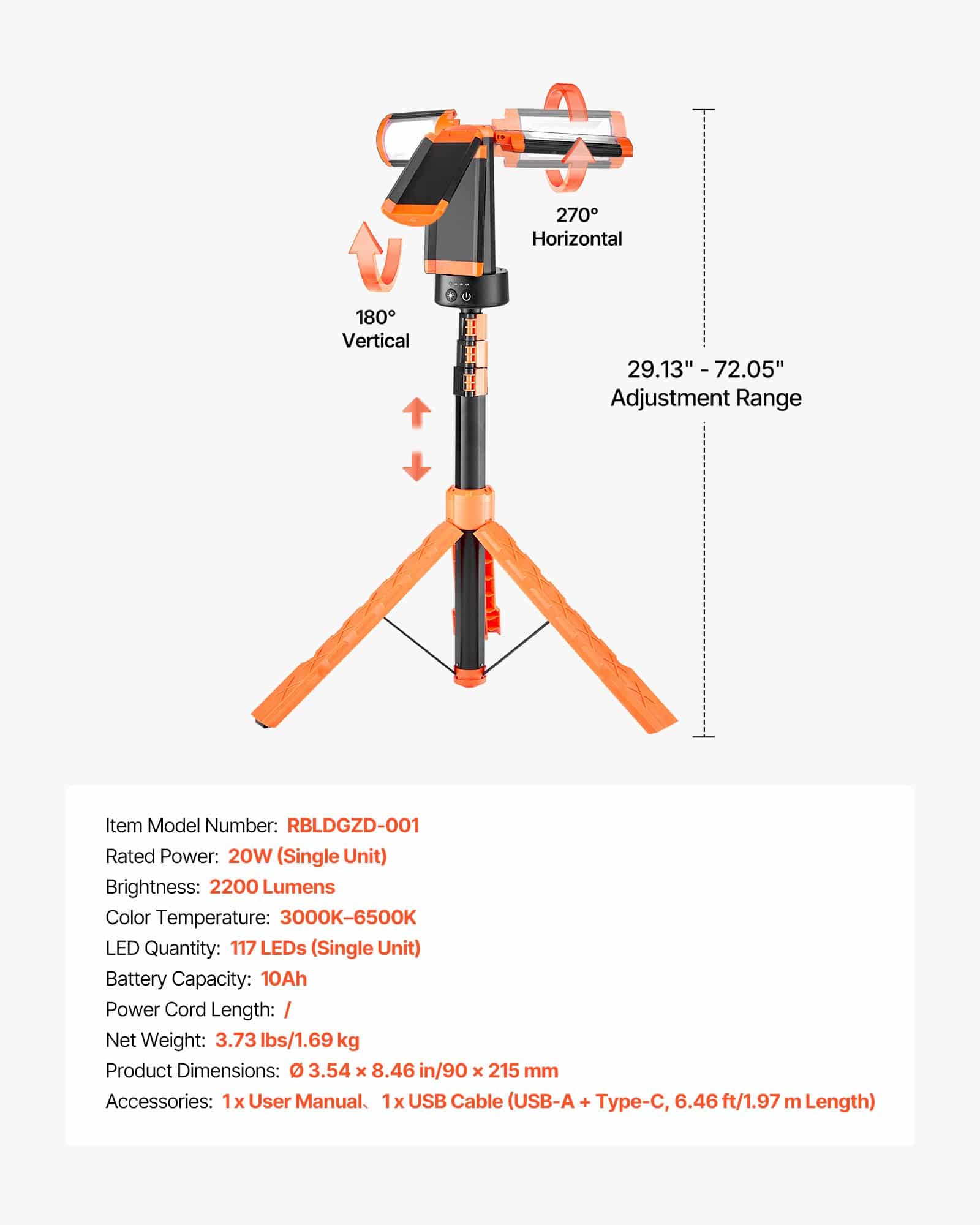 VEVOR 2200lm Rechargeable LED Work Light with Tripod, 10Ah Battery, 3 Adjustable Heads, 3000K-6500K, IP65, Portable Site Lamp - Image 7