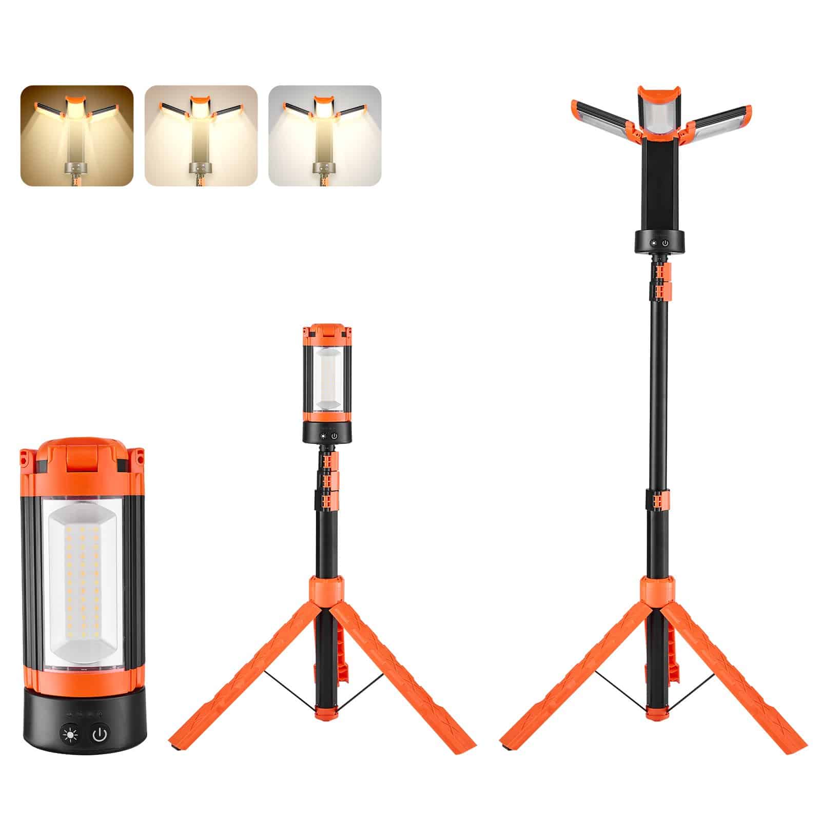 VEVOR 2200lm Rechargeable LED Work Light with Tripod, 10Ah Battery, 3 Adjustable Heads, 3000K-6500K, IP65, Portable Site Lamp