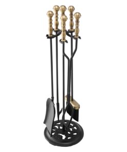 VEVOR 5-Piece Wrought Iron Fireplace Tool Set with Stand poker, Tongs, Shovel, Brush thas Black & Brass, 77, 5 см, Indoor/Outdoor