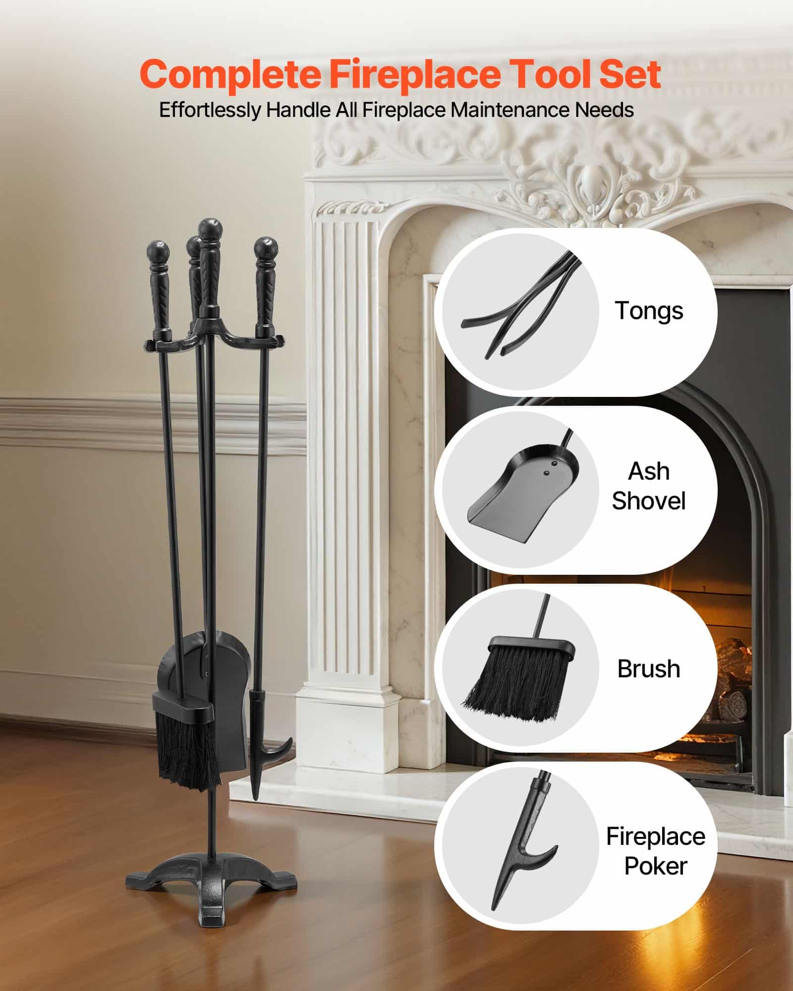 VEVOR 4-Piece Wrought Iron Fireplace Tool Set with Stand – Poker, Shovel, Brush – Indoor/Outdoor Fire Pit Accessories, 75 cm, Black - Pilt 2