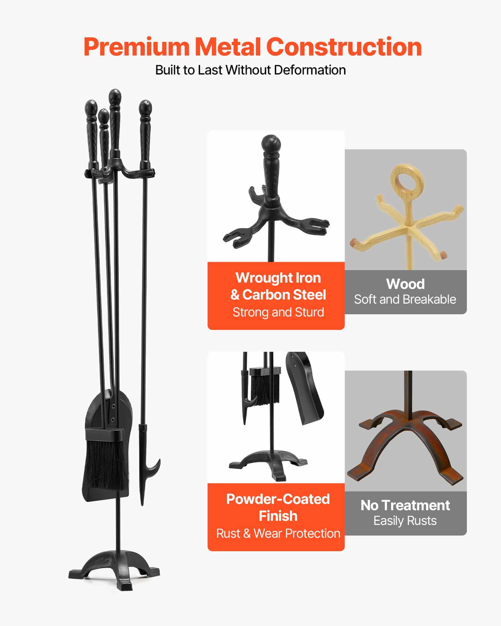 VEVOR 4-Piece Wrought Iron Fireplace Tool Set with Stand – Poker, Shovel, Brush – Indoor/Outdoor Fire Pit Accessories, 75 cm, Black - Pilt 3