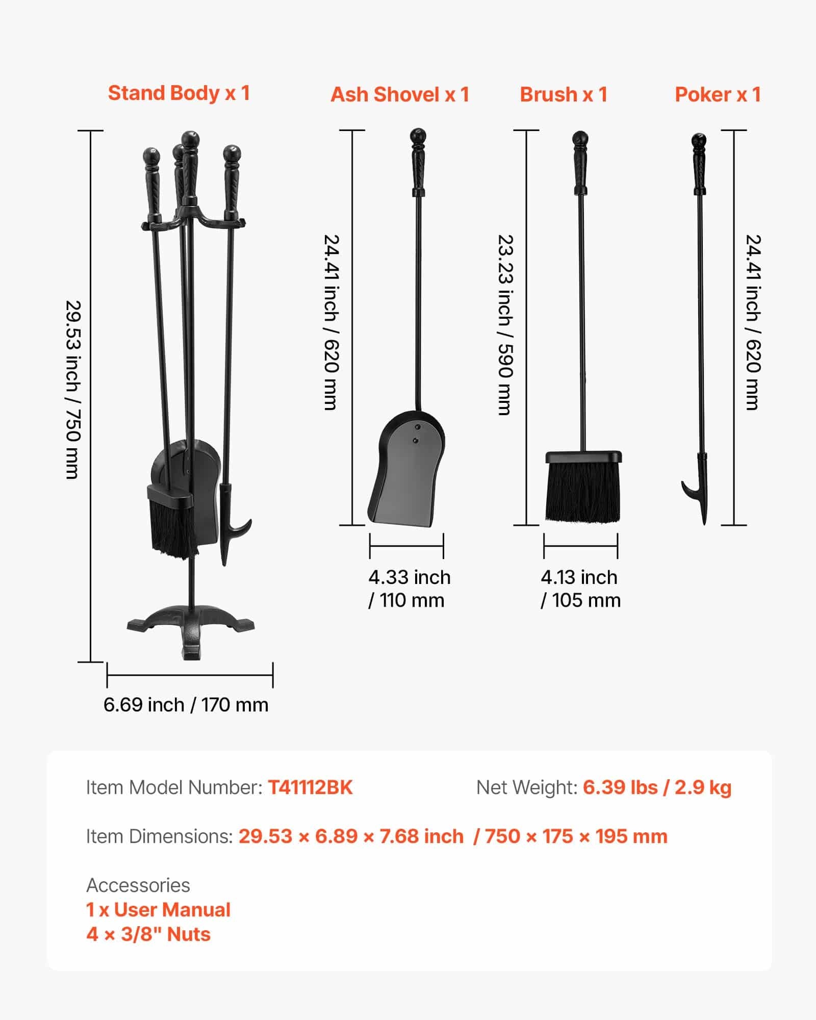 VEVOR 4-Piece Wrought Iron Fireplace Tool Set with Stand – Poker, Shovel, Brush – Indoor/Outdoor Fire Pit Accessories, 75 cm, Black - Pilt 7