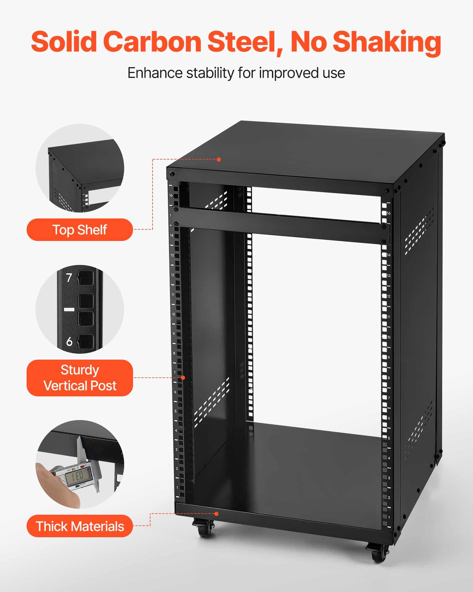 VEVOR 16U AV Rack, 90.7 kg Load Capacity, Steel Open Frame Server Cabinet with Lockable Wheels for Studio & IT Equipment - Image 4