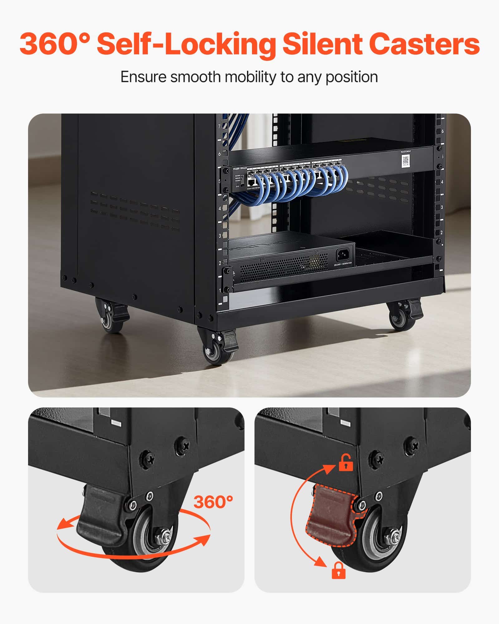 VEVOR 16U AV Rack, 90.7 kg Load Capacity, Steel Open Frame Server Cabinet with Lockable Wheels for Studio & IT Equipment - Image 5
