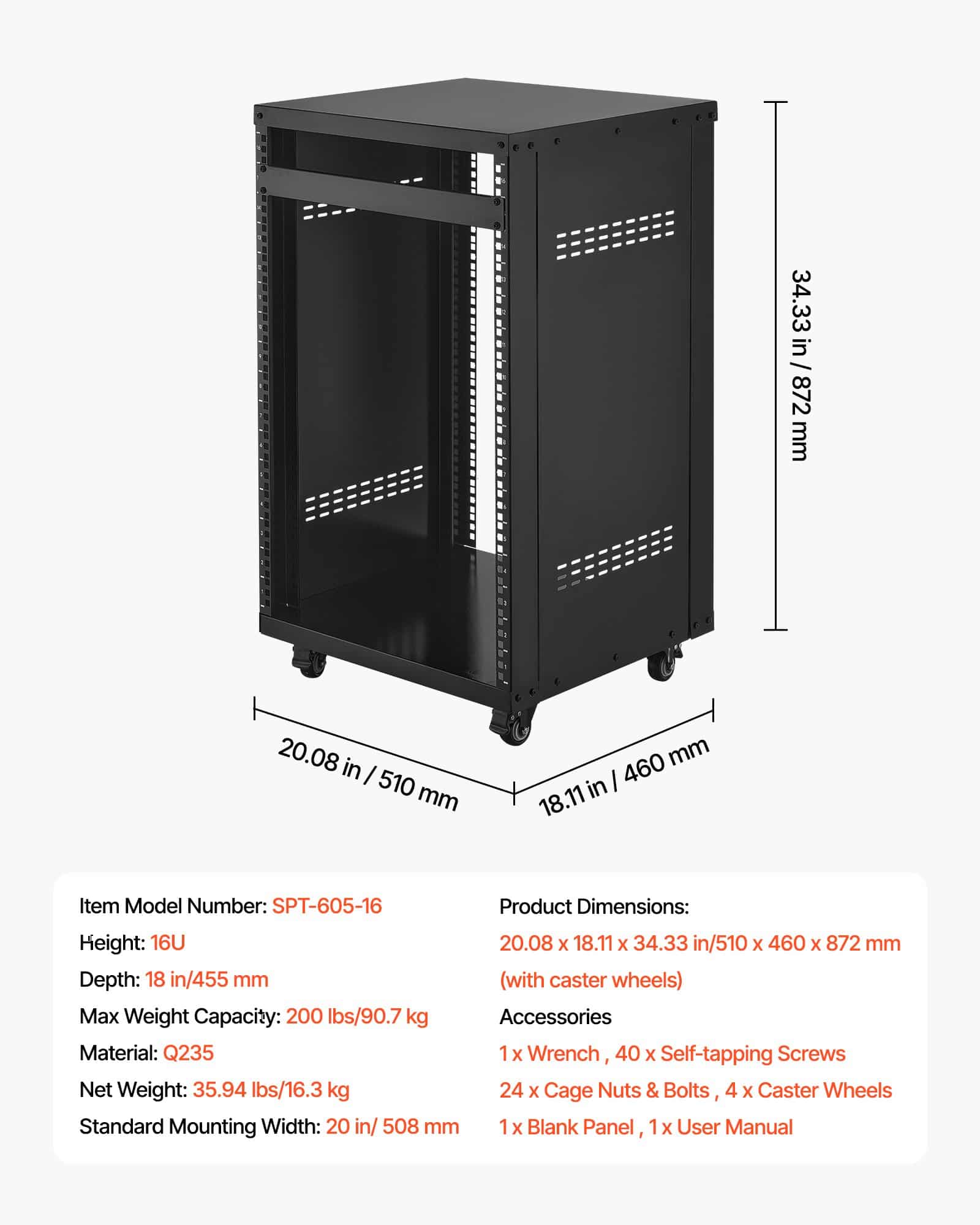 VEVOR 16U AV Rack, 90.7 kg Load Capacity, Steel Open Frame Server Cabinet with Lockable Wheels for Studio & IT Equipment - Image 7