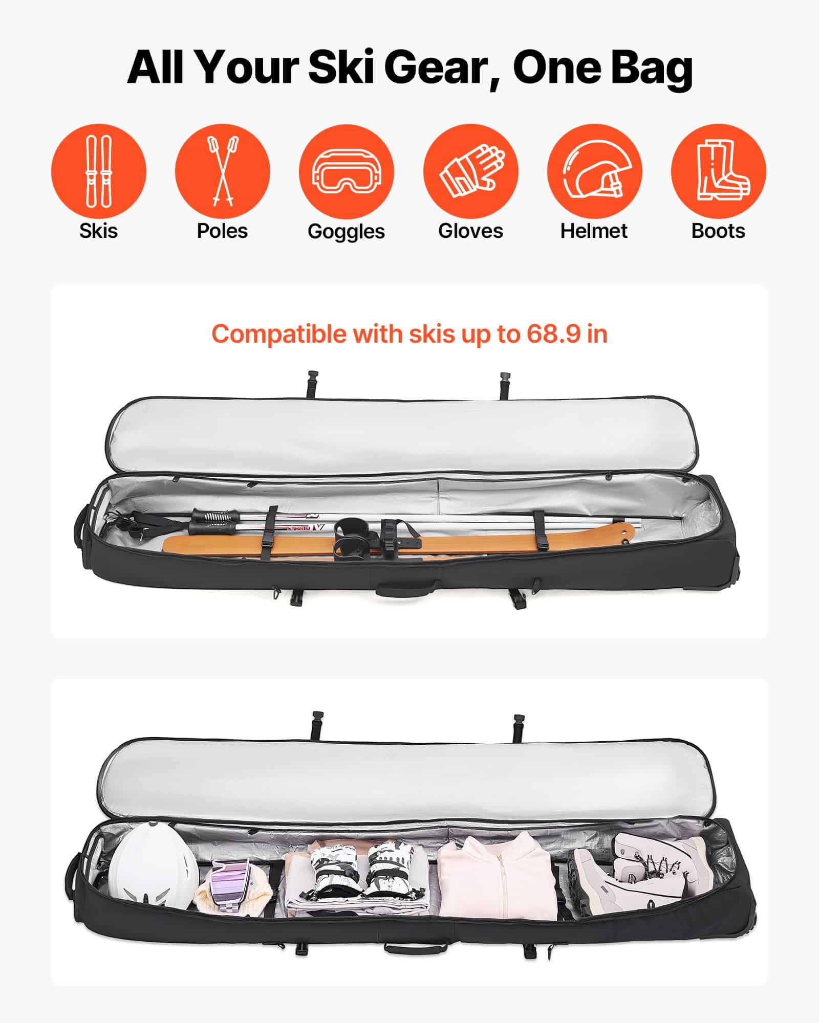 VEVOR Ski & Snowboard Roller Bag 175 cm, Waterproof Padded Travel Bag with Wheels & Straps for Air Travel, Black - Зображення 2