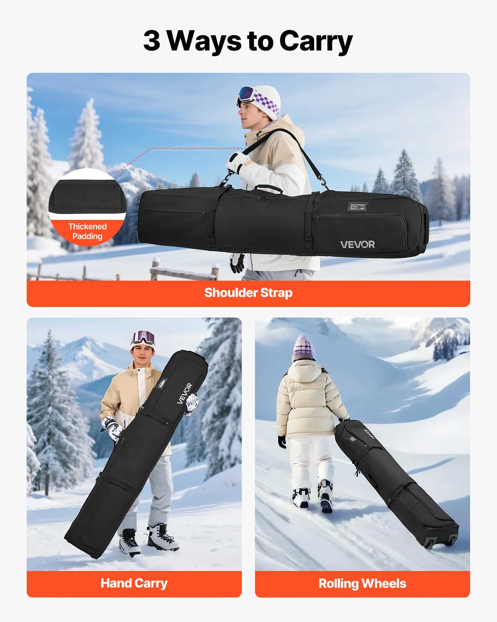 VEVOR Ski & Snowboard Roller Bag 175 cm, Waterproof Padded Travel Bag with Wheels & Straps for Air Travel, Black - Зображення 5